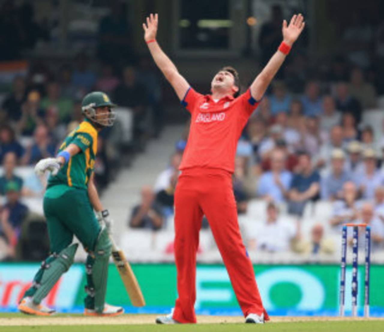 James Anderson exults after trapping Robin Peterson plumb in front, England v South Africa, 1st semi-final, Champions Trophy, The Oval, June 19, 2013