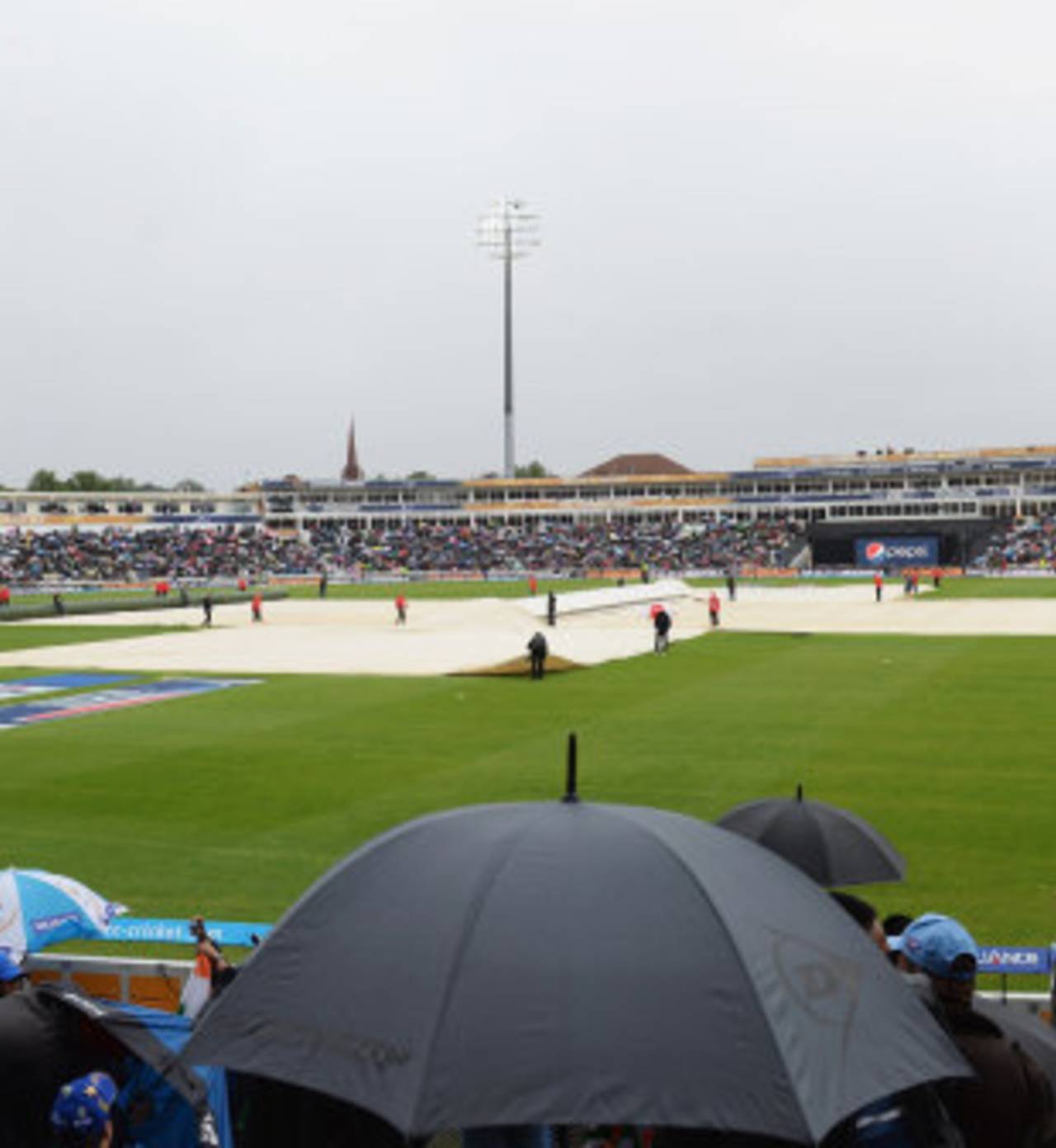 The pitch at Edgbaston is covered after a rain delay, England v India, Champions Trophy final, Edgbaston, June 23, 2013