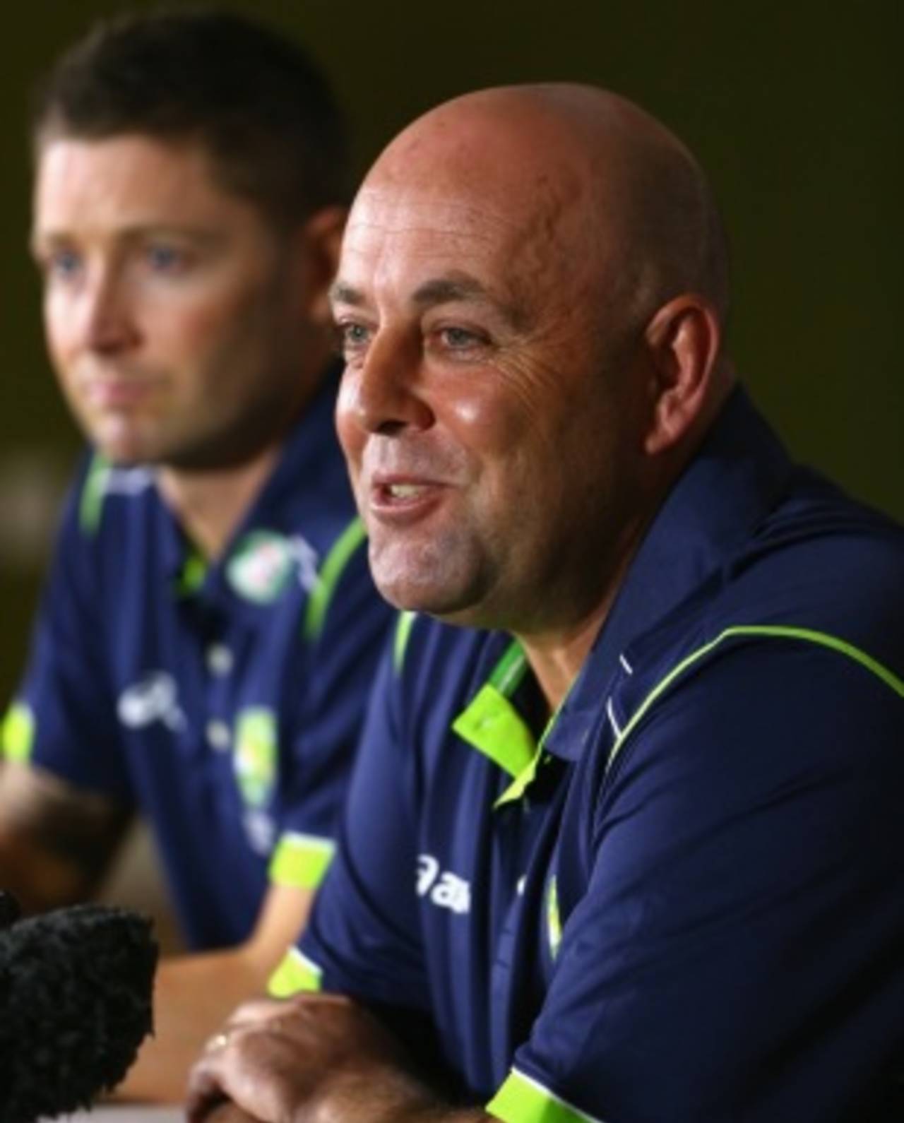 Darren Lehmann and Michael Clarke during a press conference, Bristol, June 24, 2013