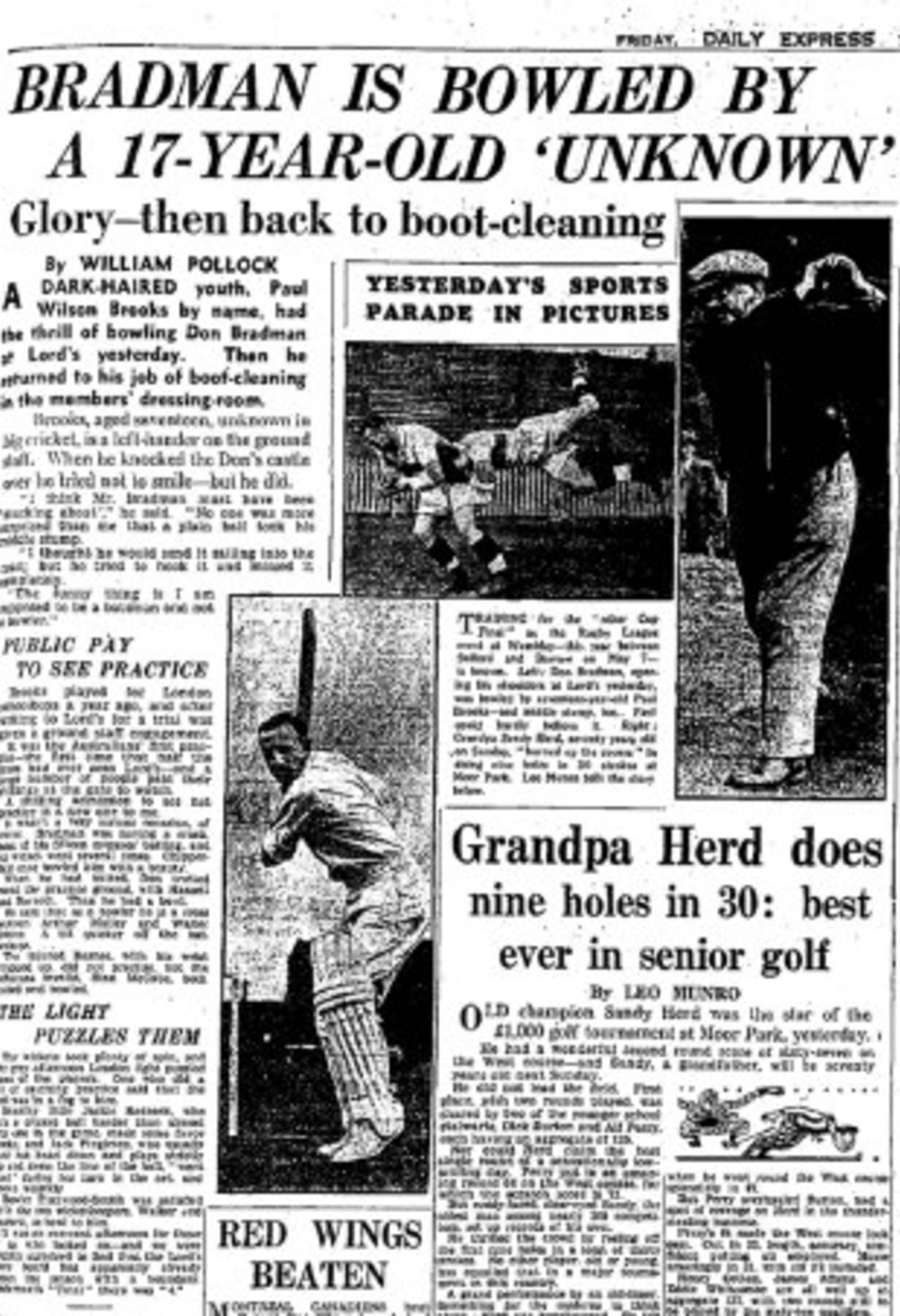The <I>Daily Express</I> reports on Don Bradman being bowled by a schoolboy, Paul Brooks, April 21, 1938