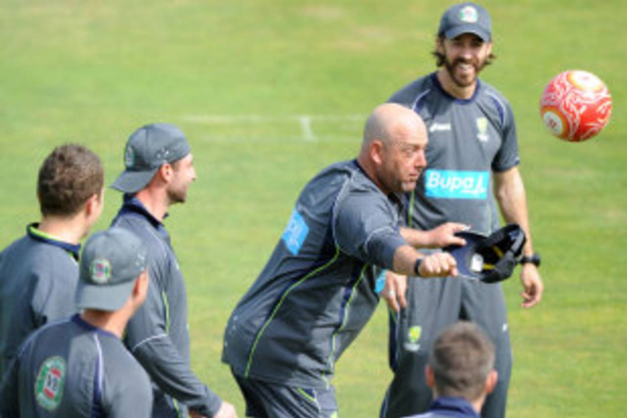 Darren Lehmann warms up with the Australian team before the day's play, Somerset v Australians, Taunton, 4th day, June 29, 2013