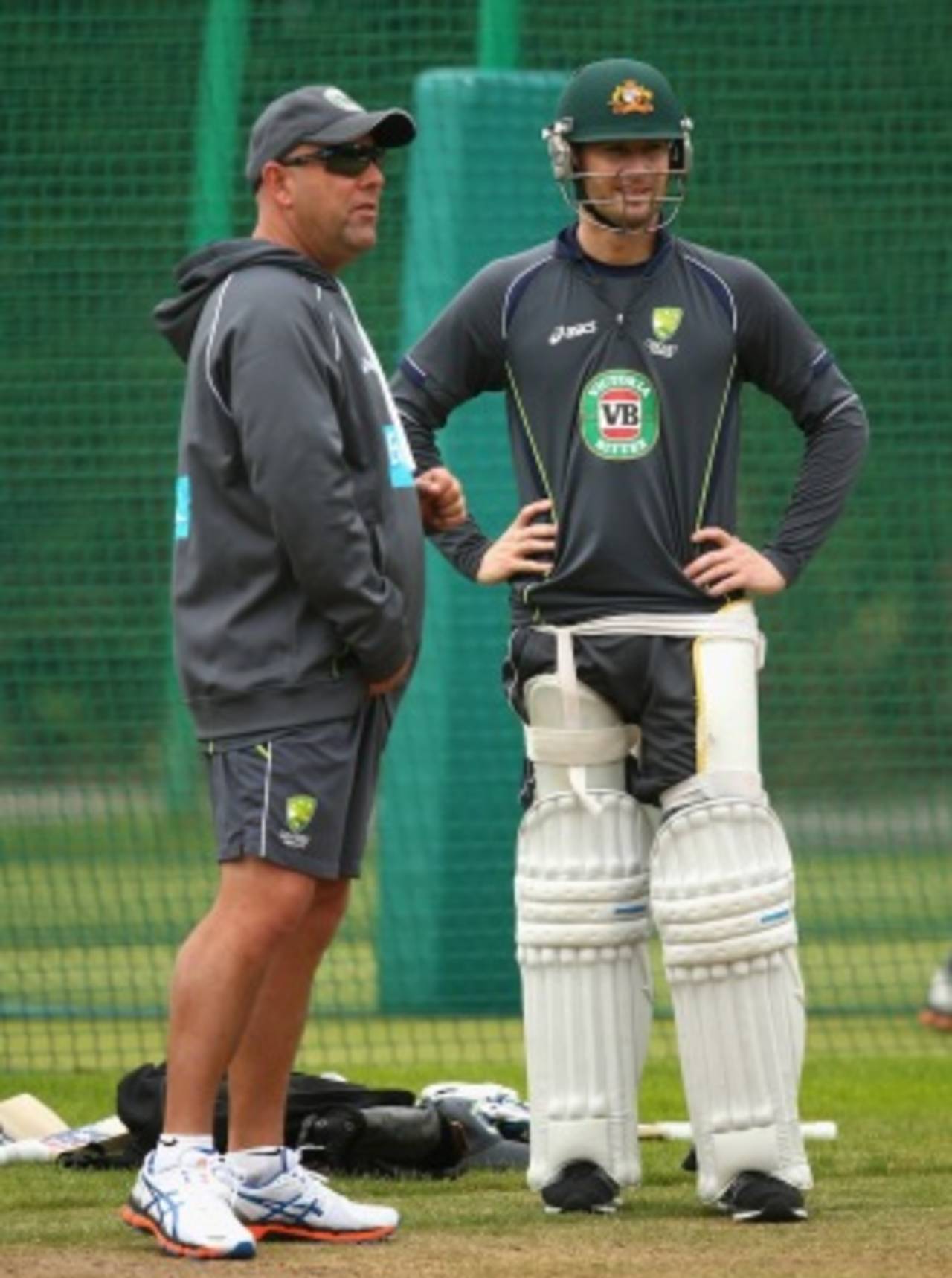 Darren Lehmann and Michael Clarke chat while training, Worcester, July 1, 2013