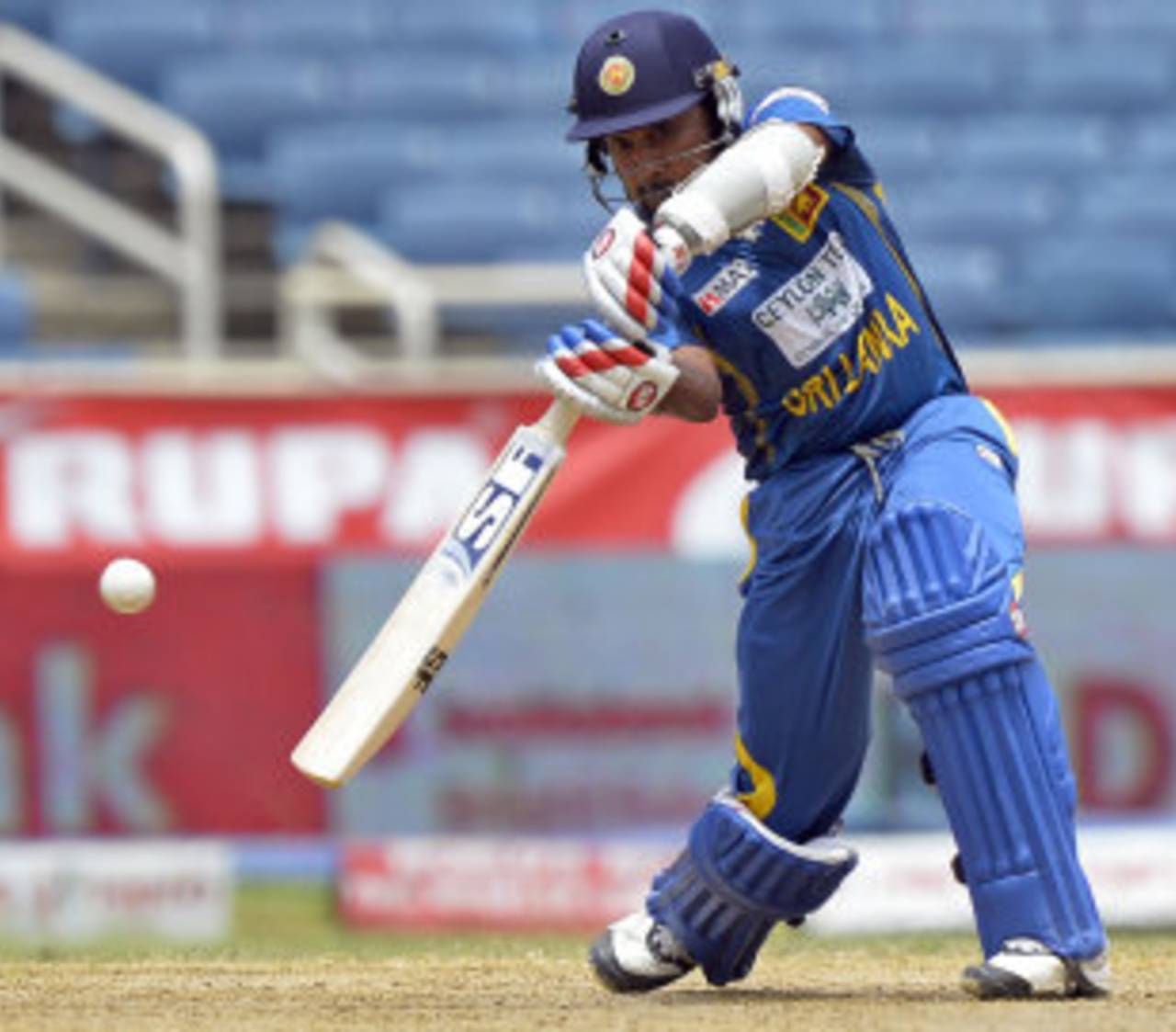 Mahela Jayawardene lofts over extra cover for four, India v Sri Lanka, West Indies tri-series, Kingston, July 2, 2013