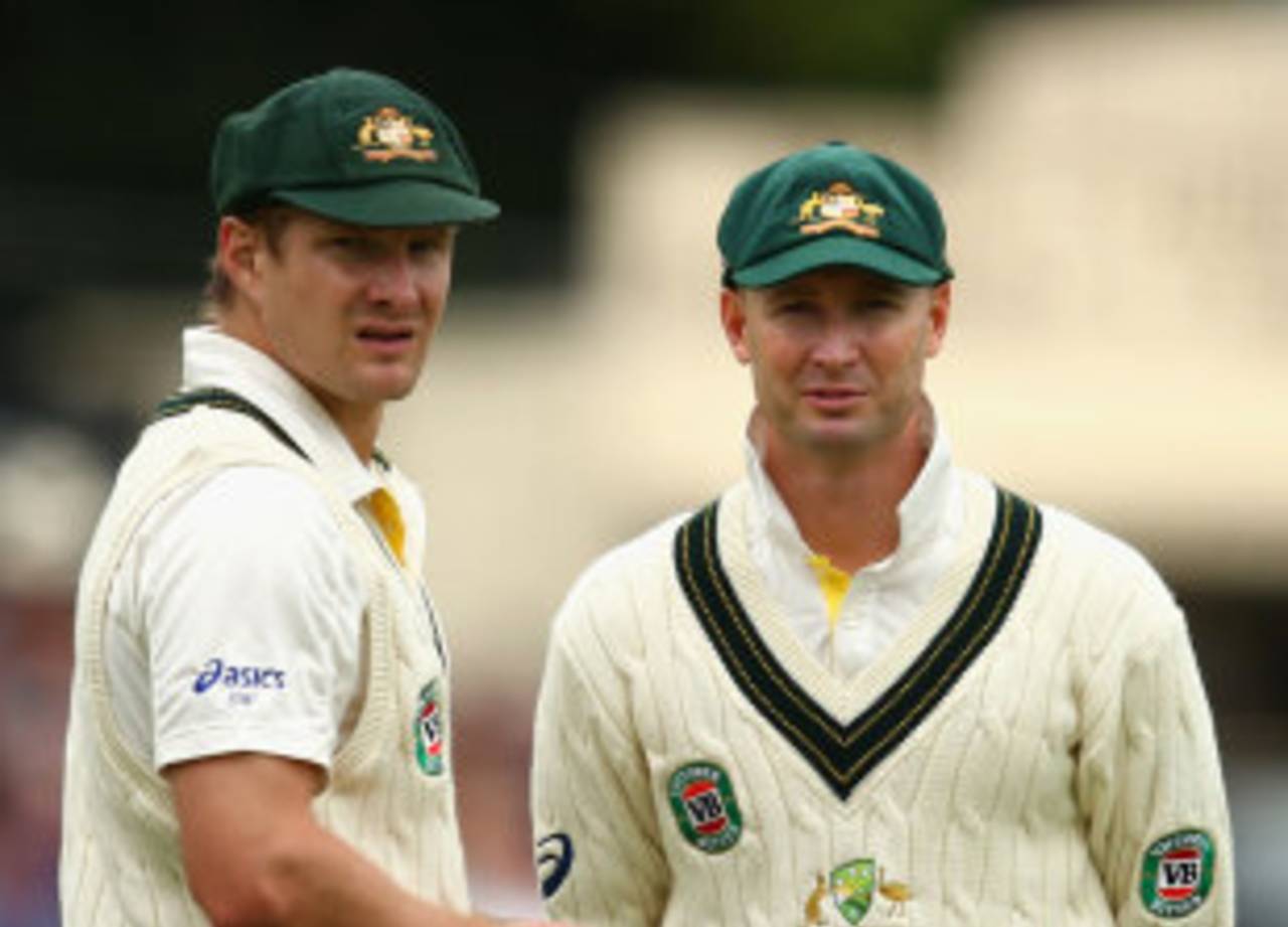 Michael Clarke chats with Shane Watson, Worcestershire v Australians, Tour match, New Road, 2nd day, July 3, 2013