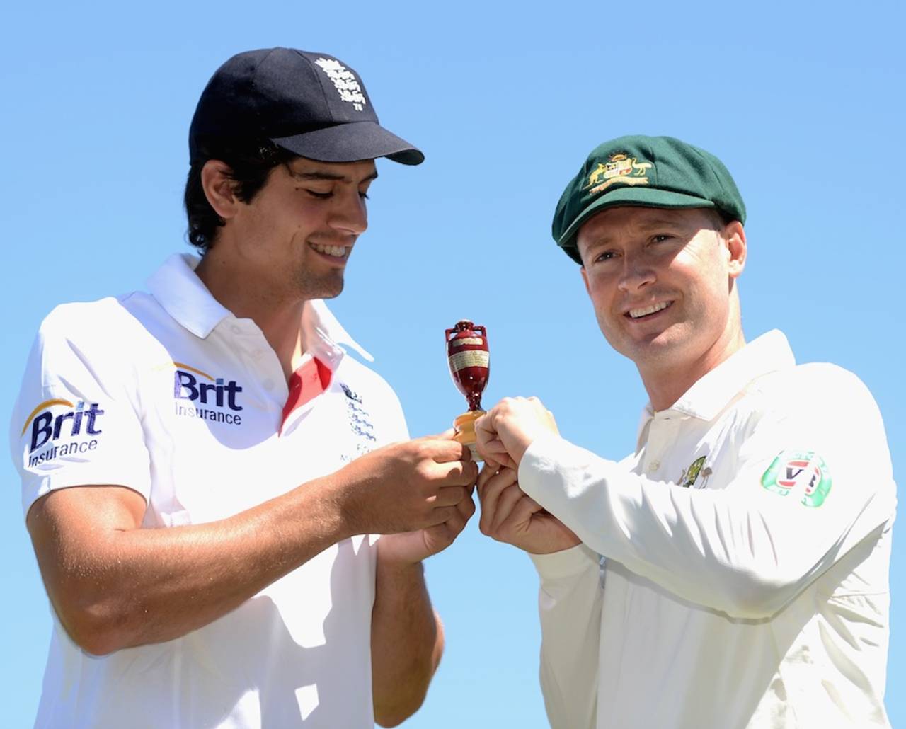 Alastair Cook and Michael Clarke with the Ashes, Nottingham, July 9, 2013