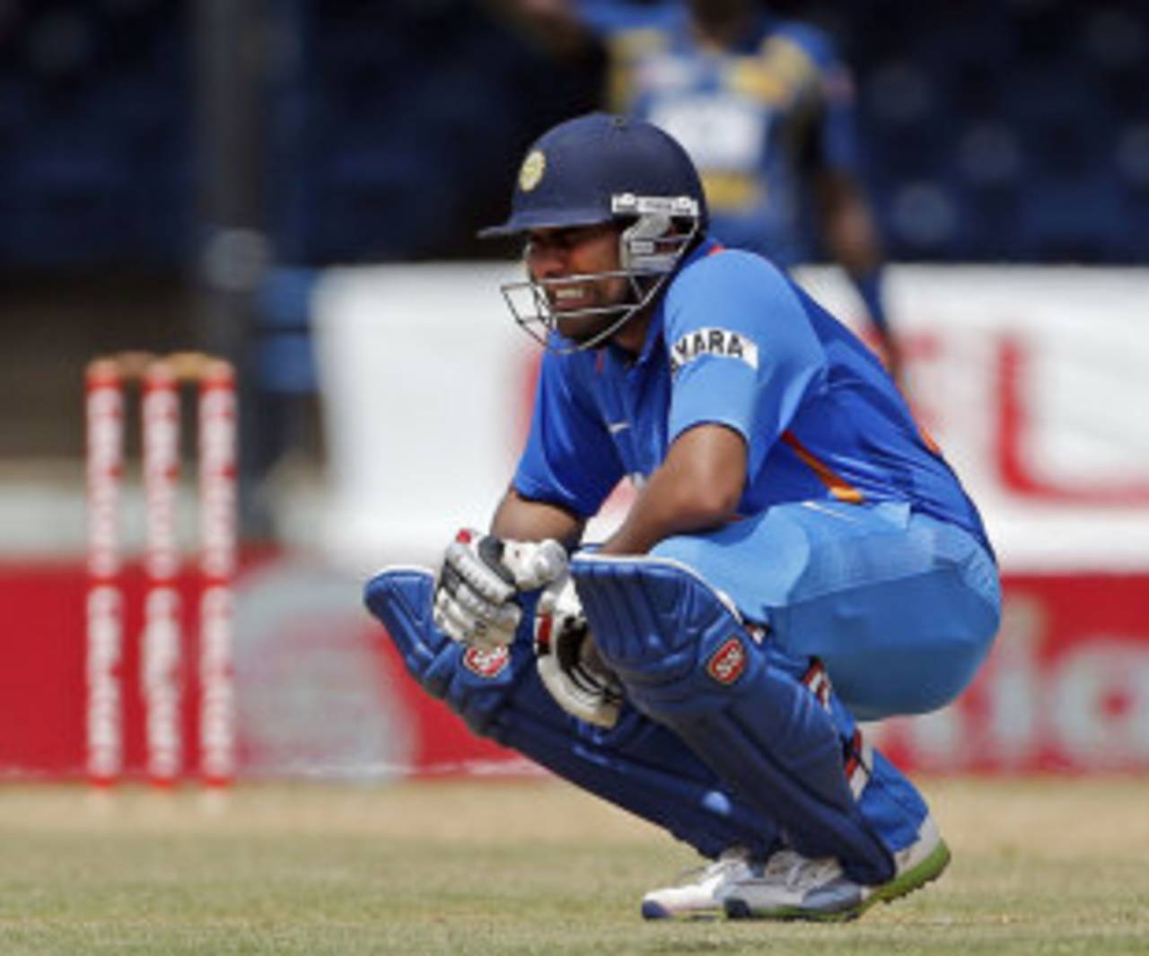 Rohit Sharma grimaces after getting hit on the body during the game against Sri Lanka&nbsp;&nbsp;&bull;&nbsp;&nbsp;Associated Press