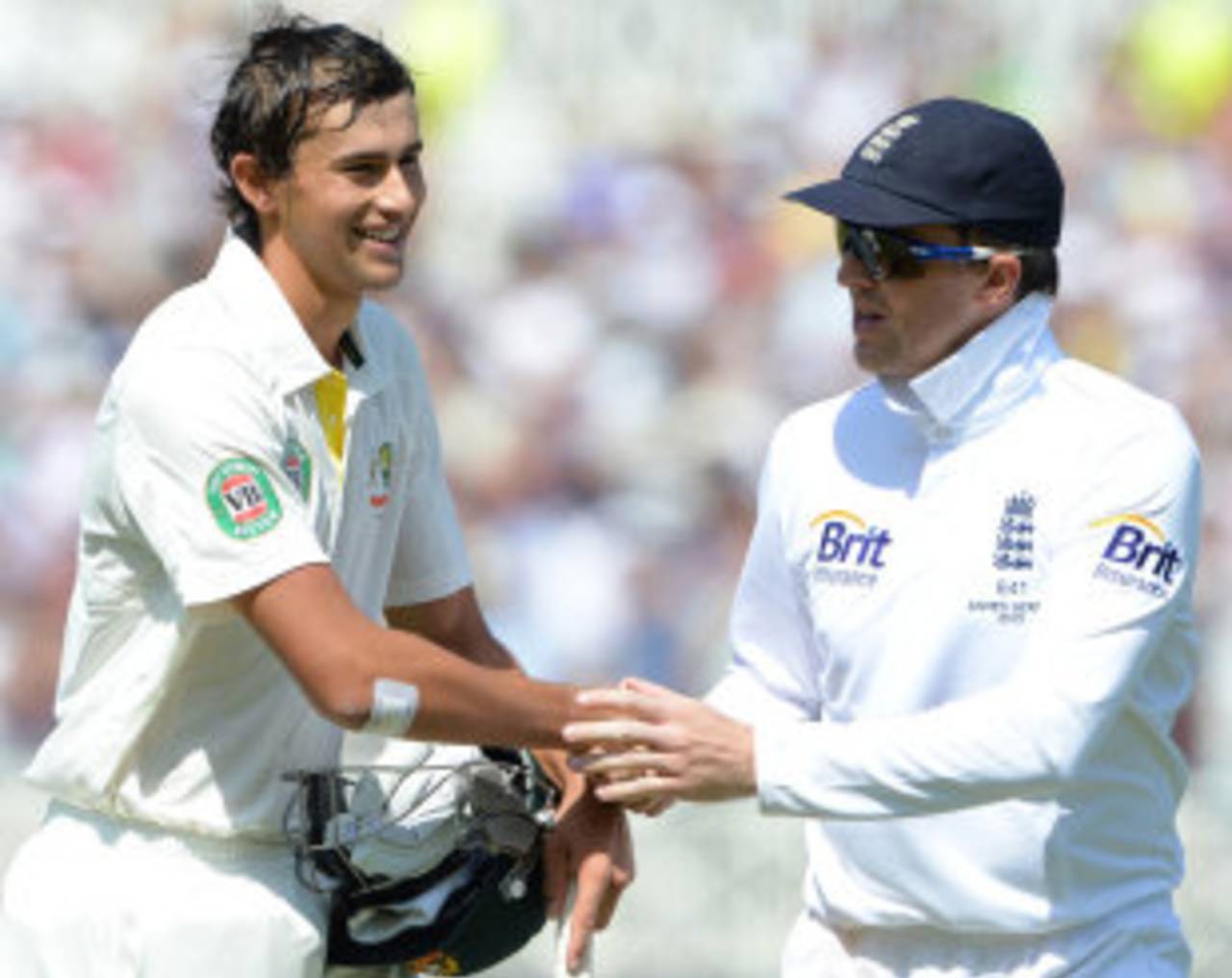 Ashton Agar gets a handshake from the man who caught him, Graeme Swann, England v Australia, 1st Investec Test, Trent Bridge, 2nd day, July 11, 2013