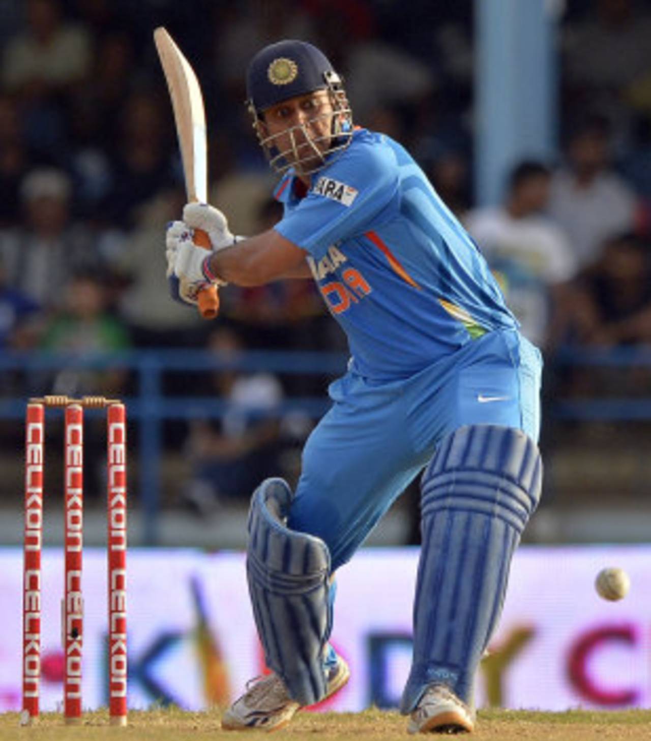 MS Dhoni is set to launch the ball out of the ground, India v Sri Lanka, tri-series final, Port-of-Spain, July 11, 2013