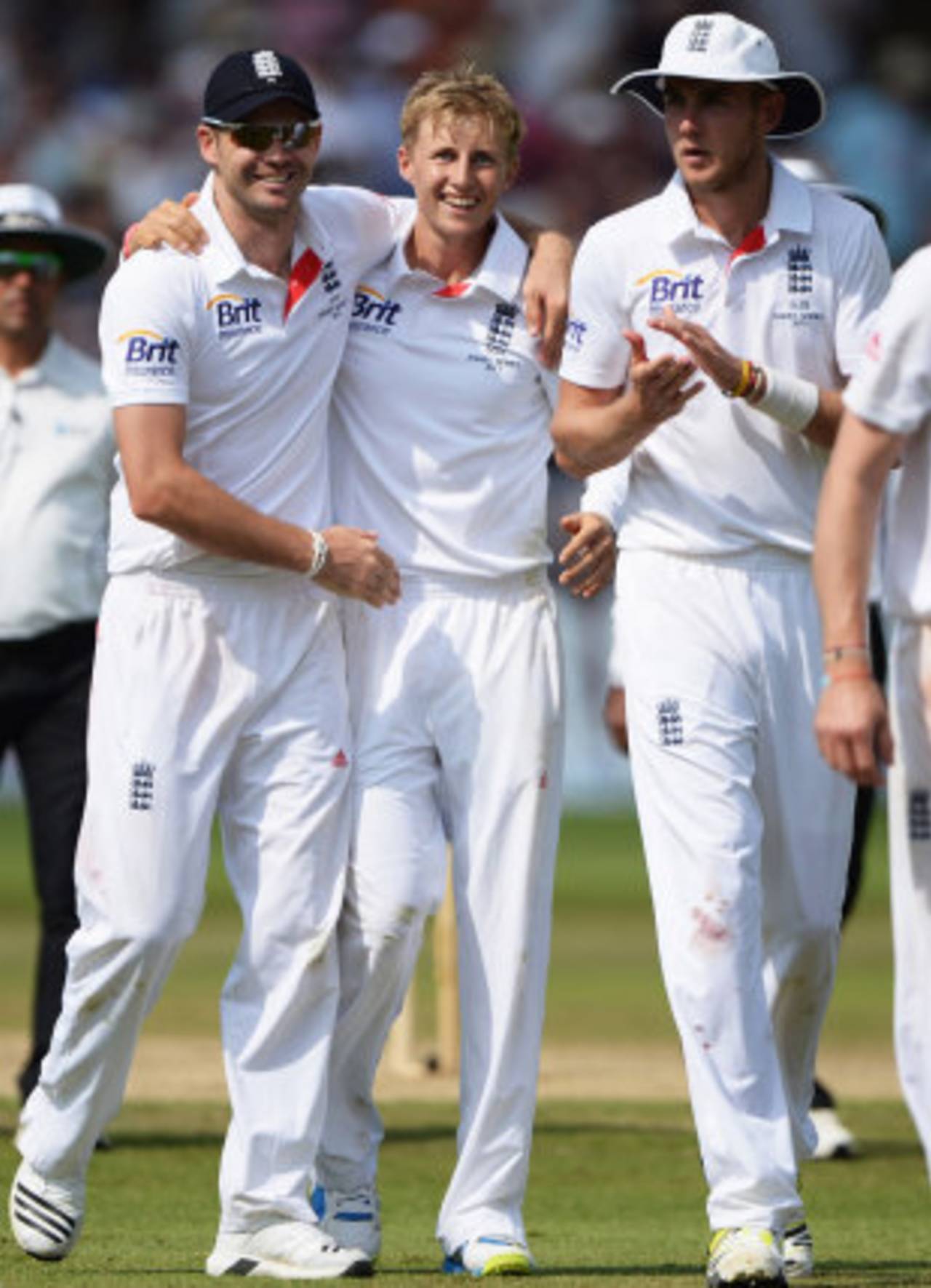 Joe Root gets a hug from James Anderson, England v Australia, 1st Investec Test, Trent Bridge, 4th day, July 13, 2013