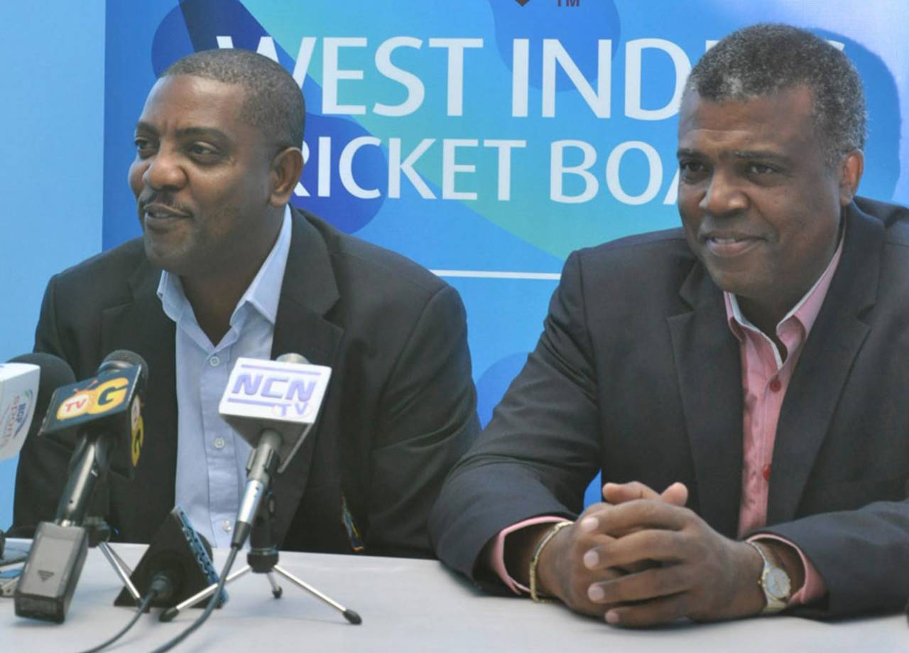 WICB President Dave Cameron and CEO Michael Muirhead address the media, Guyana National Stadium, July 14, 2013 