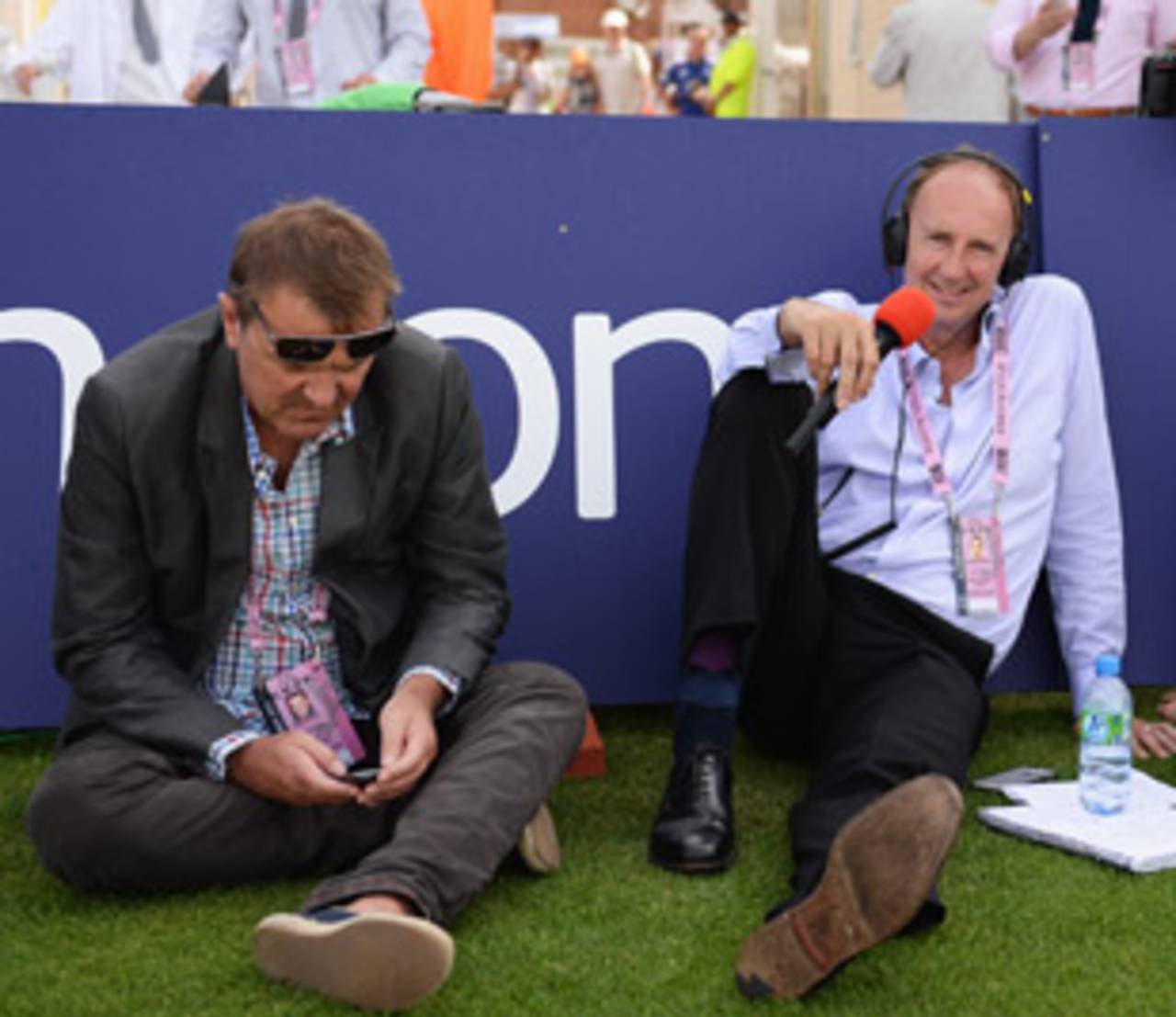 BBC <i>Test Match Special</i>'s Phil Tufnell, Jonathan Agnew and Henry Moeran (from left) sit by the boundary, first Test, England v Australia, Trent Bridge, July 14, 2013
