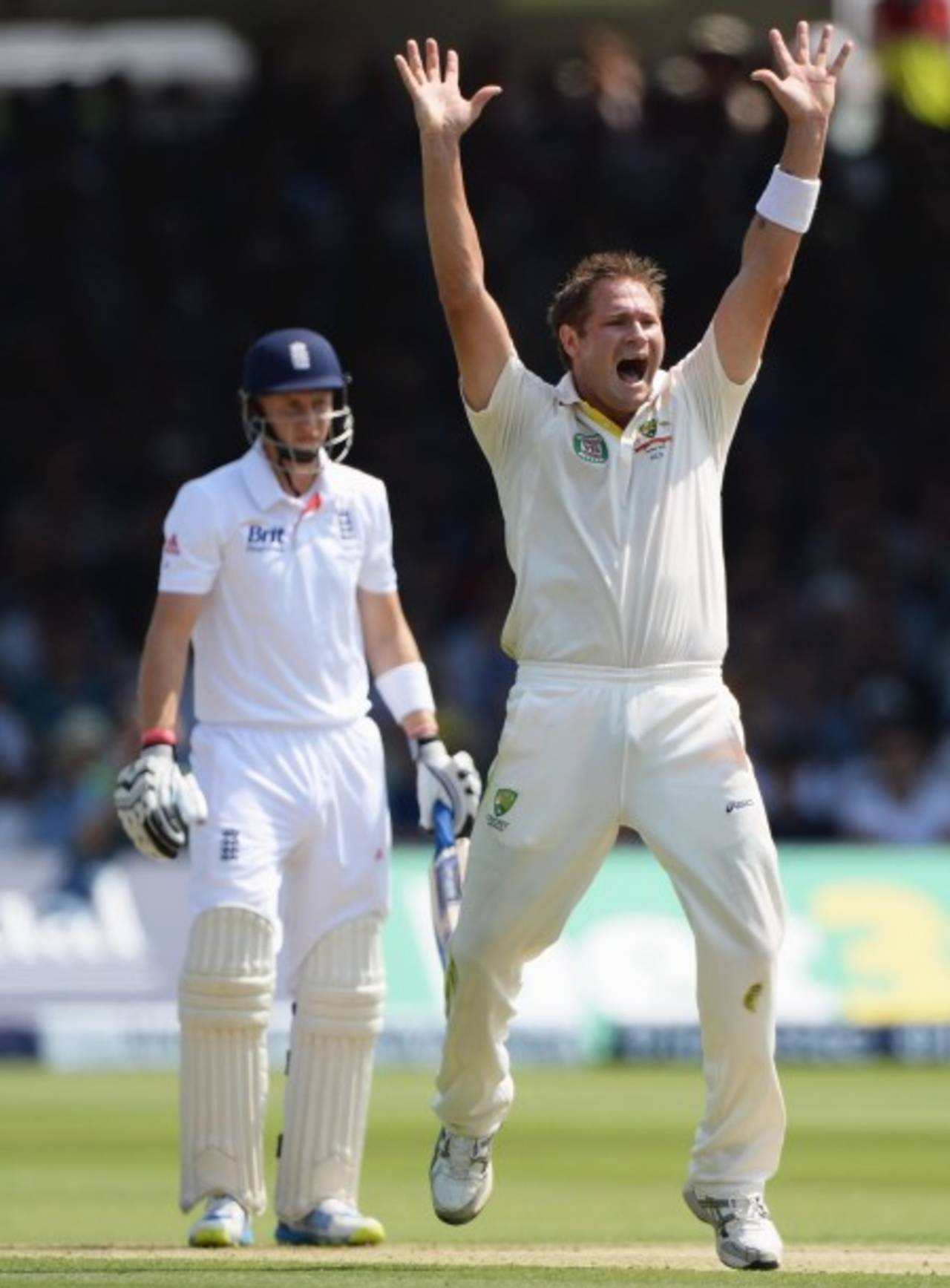 Ryan Harris appeals for the wicket of Joe Root, England v Australia, 2nd Investec Ashes Test, Lord's, 1st day, July 18, 2013