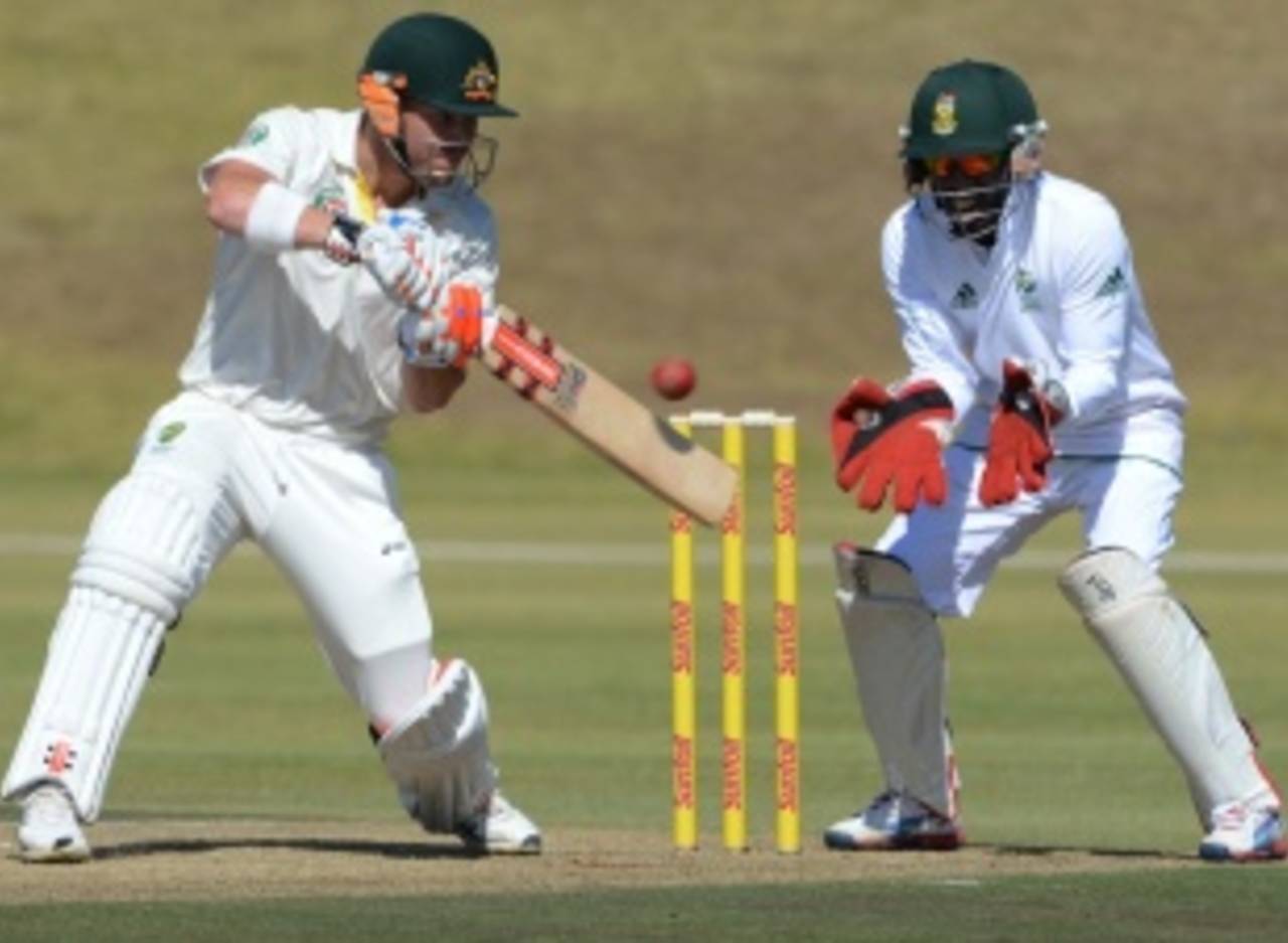 David Warner goes back to cut, South Africa A v Australia A, 1st unofficial Test, Pretoria, 1st day, July 24, 2013