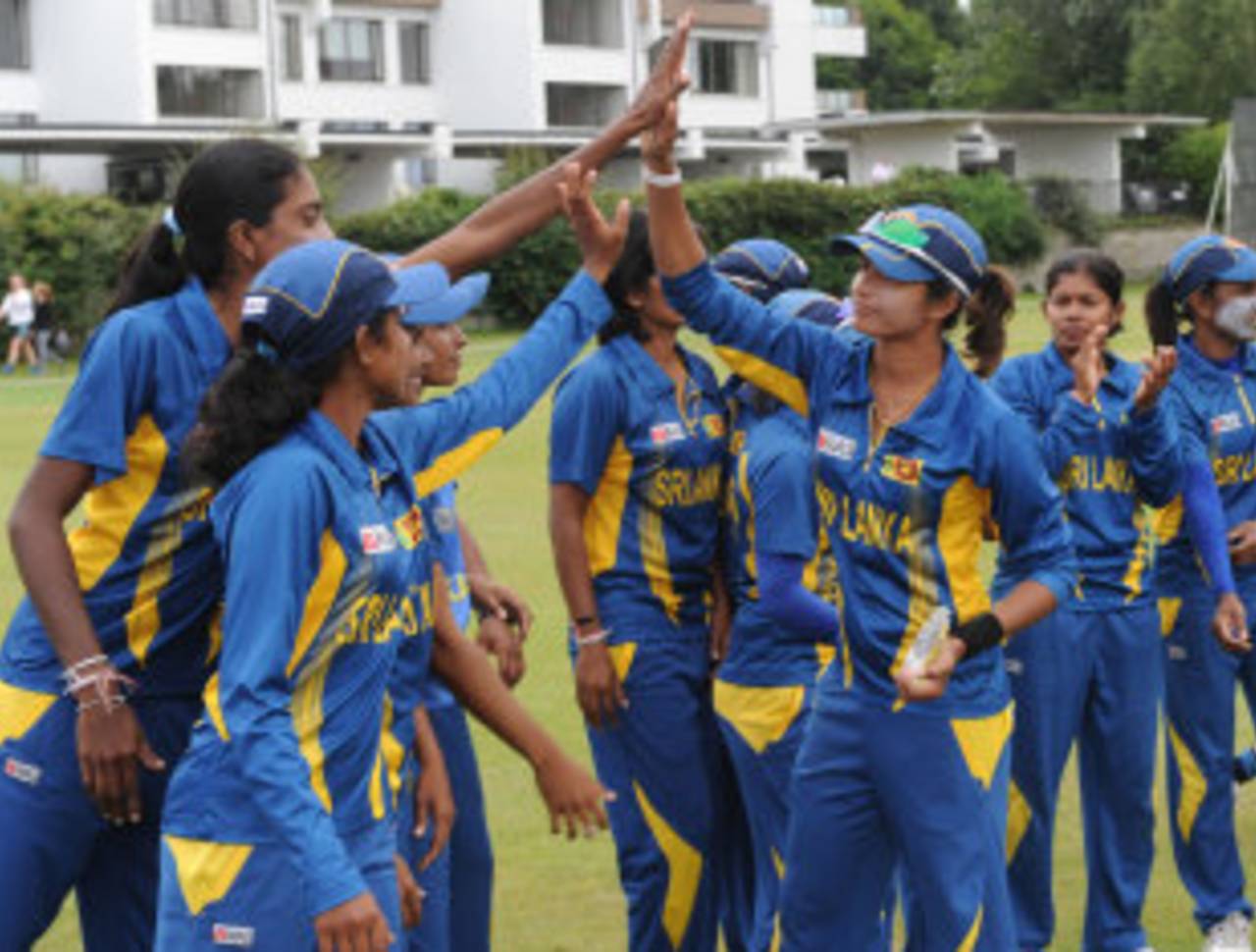 Sripali Weerakkody is congratulated by her team-mates, Ireland Women v Sri Lanka Women, ICC Women's World T20 Qualifiers, Group B, Dublin, July 27, 2013