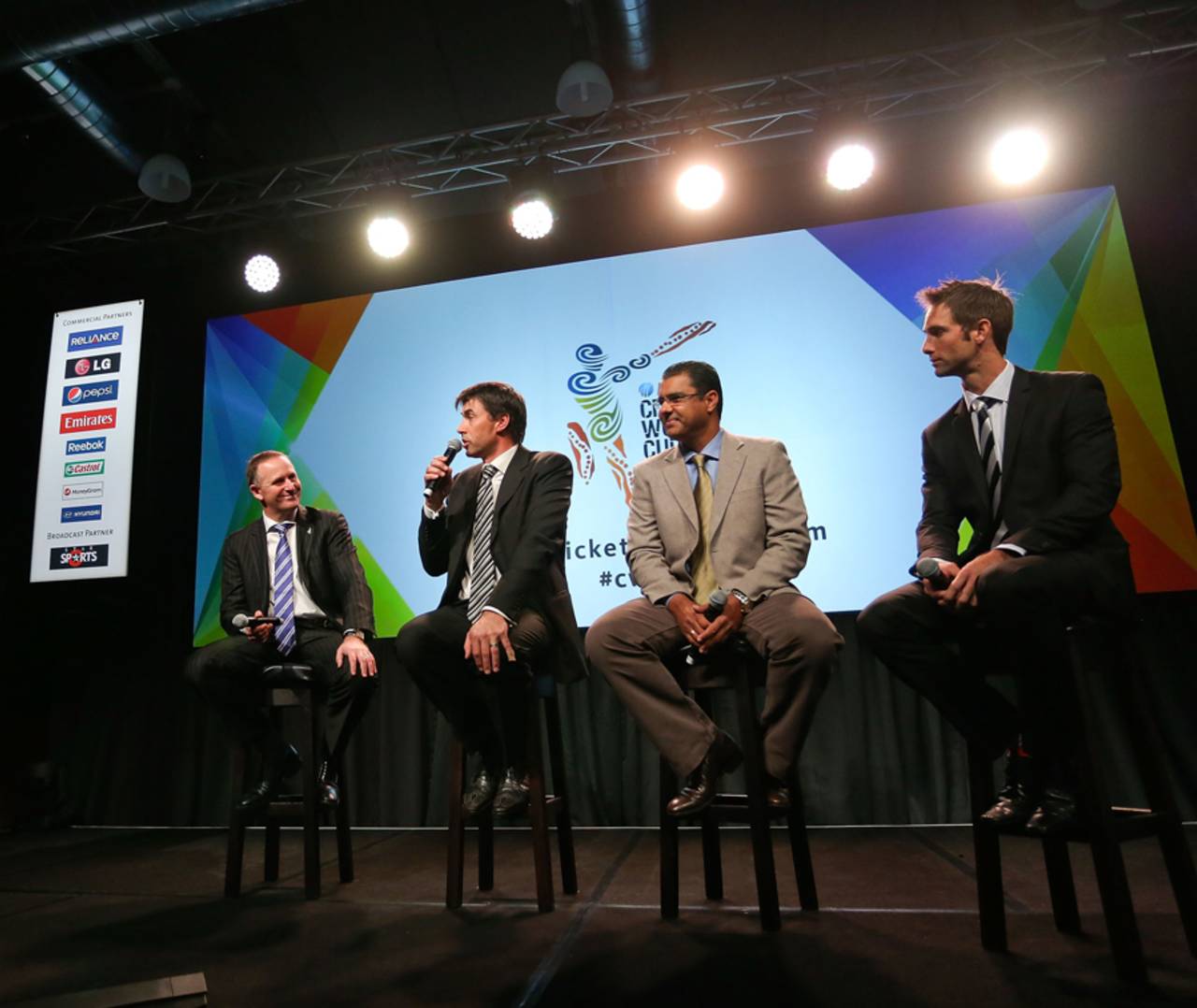 New Zealand PM John Key, Stephen Fleming, Waqar Younis and Grant Elliott at the World Cup launch in Wellington&nbsp;&nbsp;&bull;&nbsp;&nbsp;Getty Images