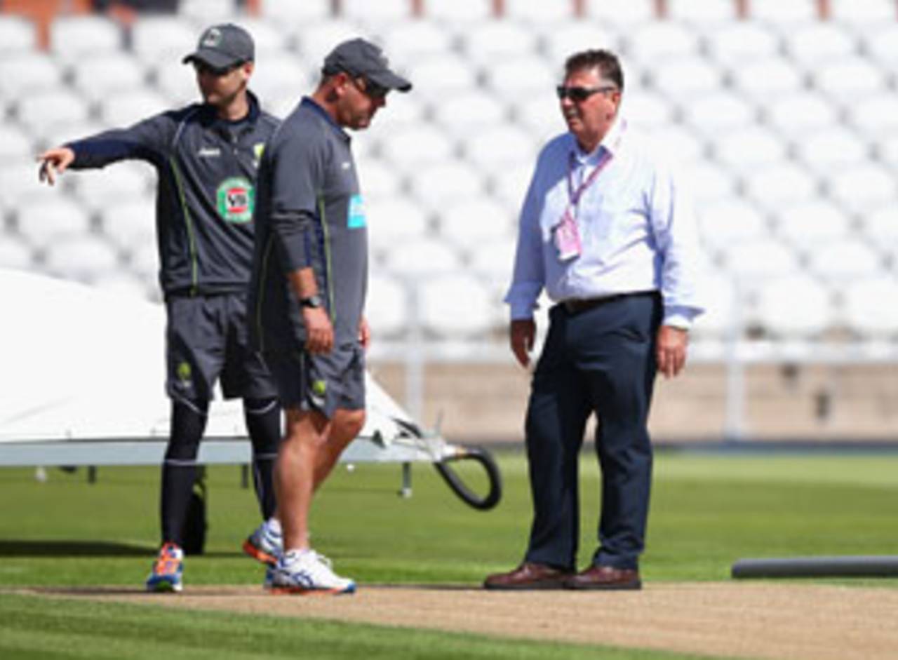 Rod Marsh, Michael Clarke and Darren Lehmann at a practice session, Old Trafford, Manchester, July 30, 2013