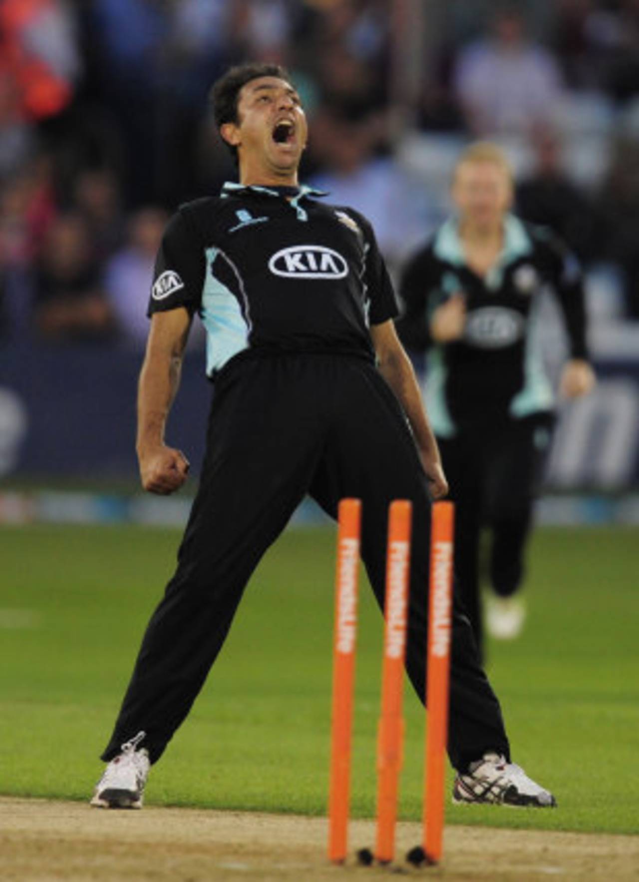 Azhar Mahmood celebrates exuberantly after taking a wicket, Essex v Surrey, FLt20 South Group, Chelmsford, July 31, 2013