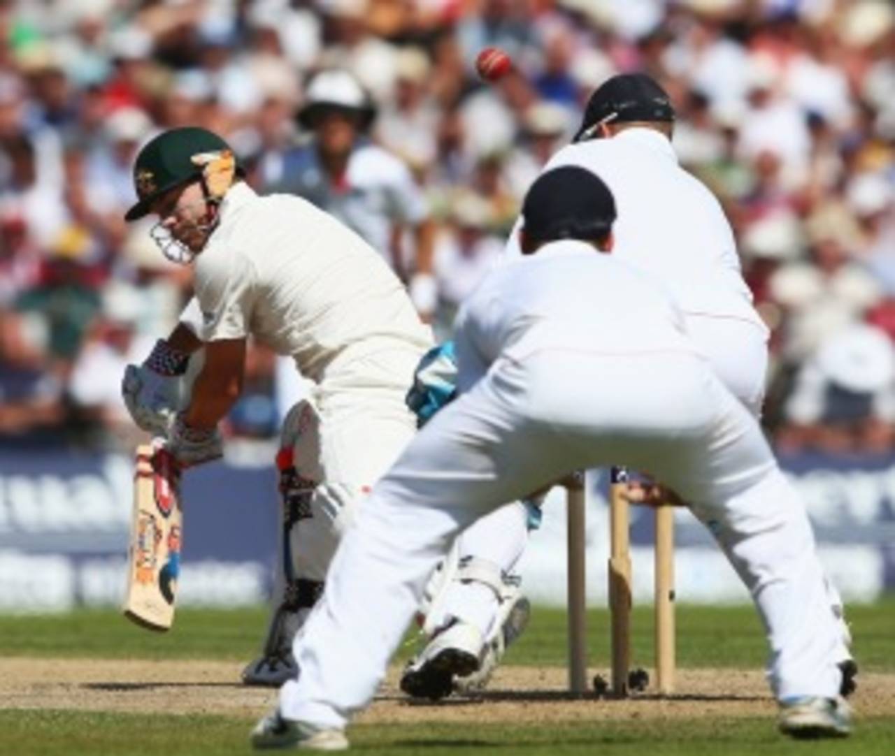 David Warner edged one to first slip off the wicketkeeper's thigh, England v Australia, 3rd Investec Test, Old Trafford, 2nd day, August 2, 2013