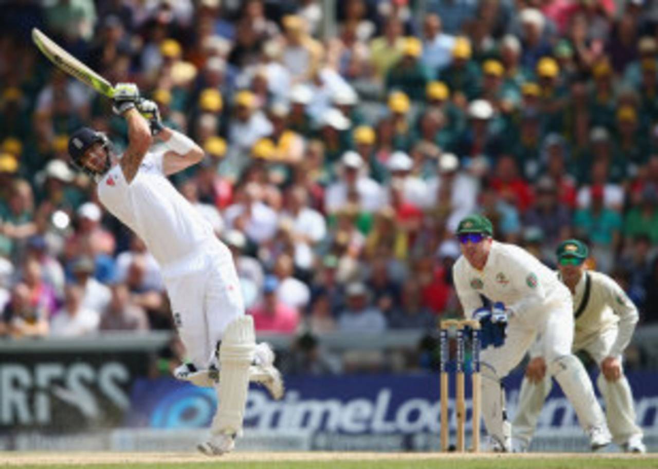 Kevin Pietersen lofts one over midwicket for six, England v Australia, 3rd Investec Test, Old Trafford, 3rd day, August 3, 2013