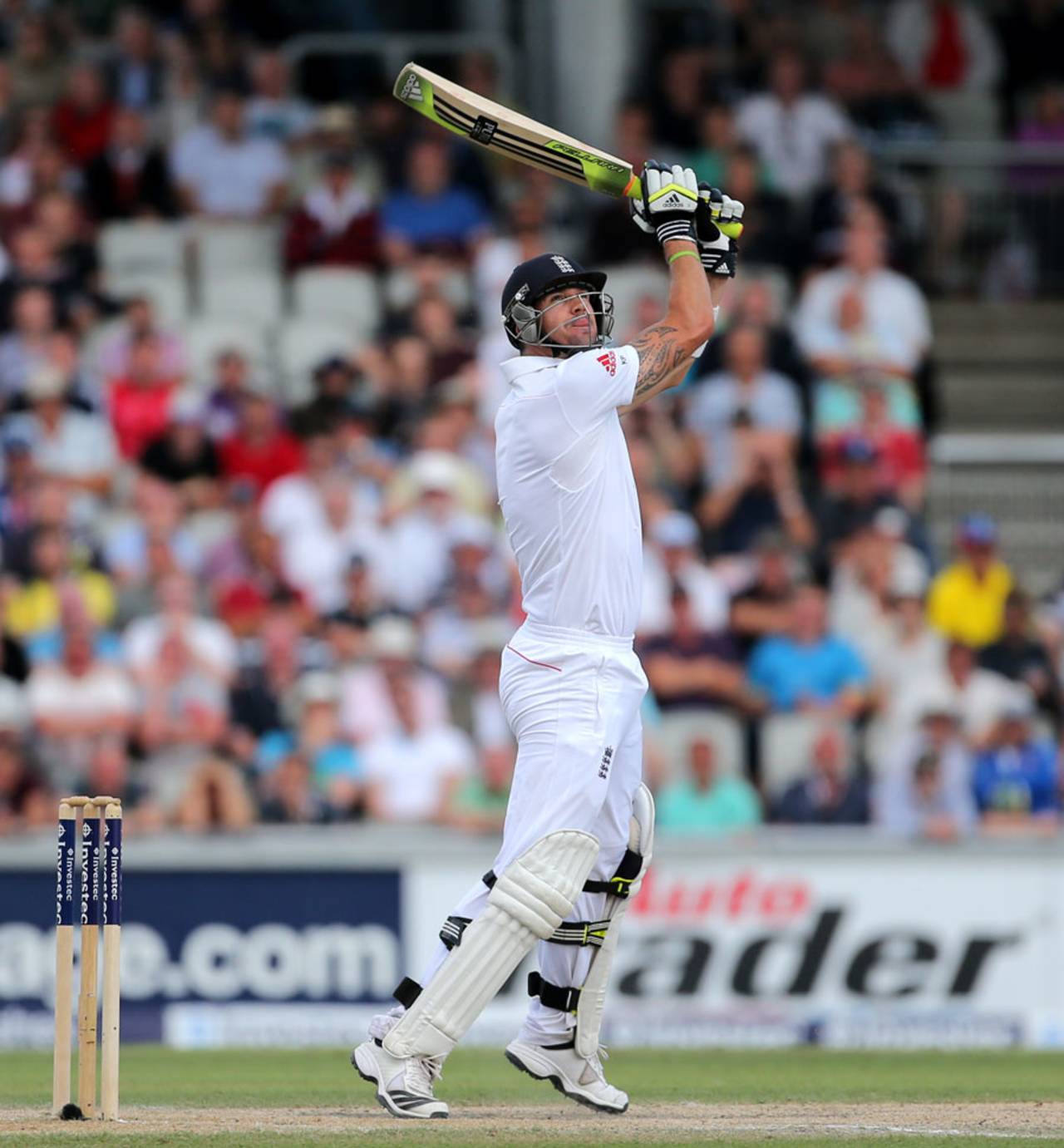 Kevin Pietersen uppercuts to bring up his century, England v Australia, 3rd Investec Test, Old Trafford, 3rd day, August 3, 2013