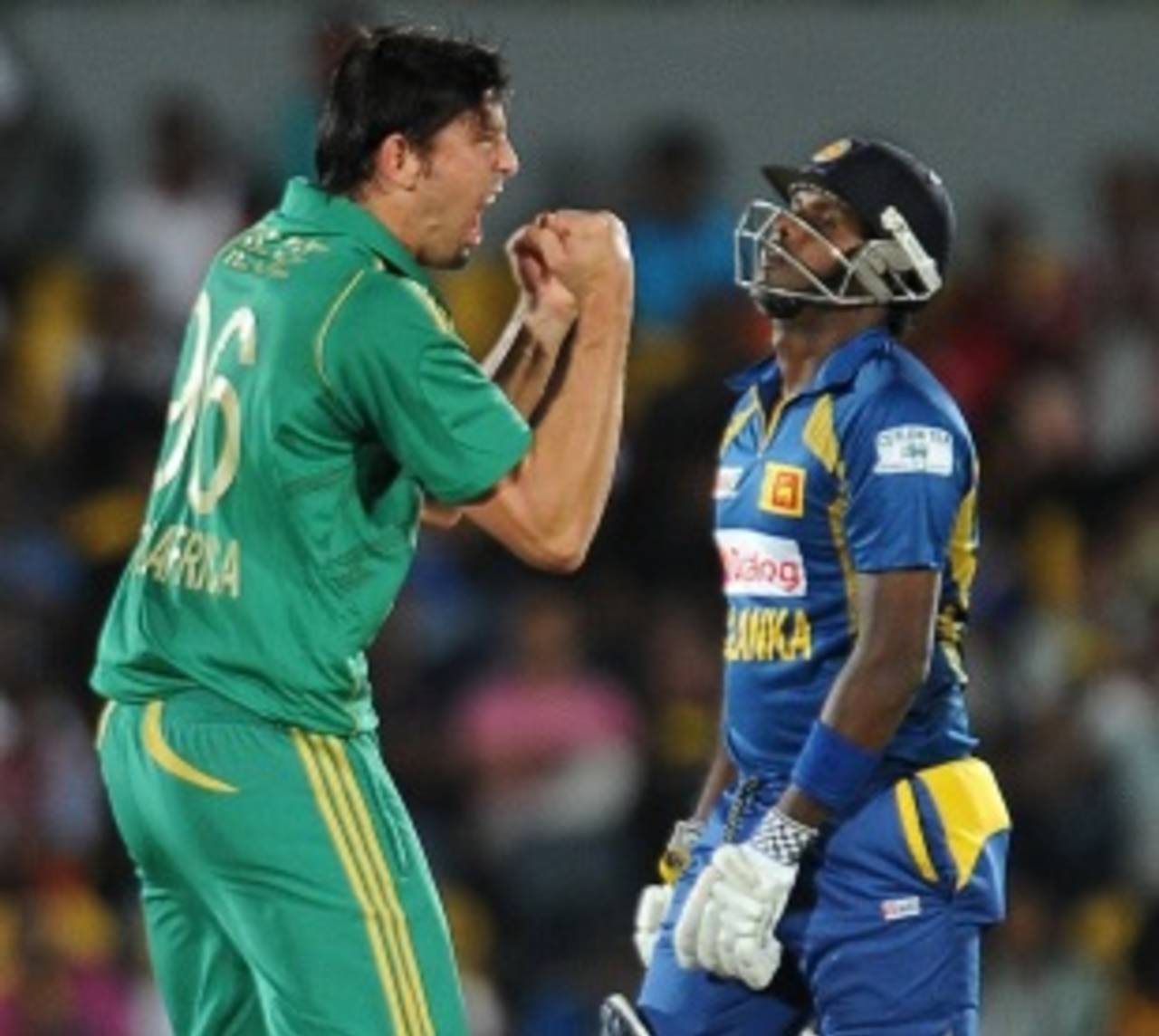 David Wiese celebrates Angelo Mathews' wicket, Sri Lanka v South Africa, 3rd T20, Hambantota, August 6, 2013