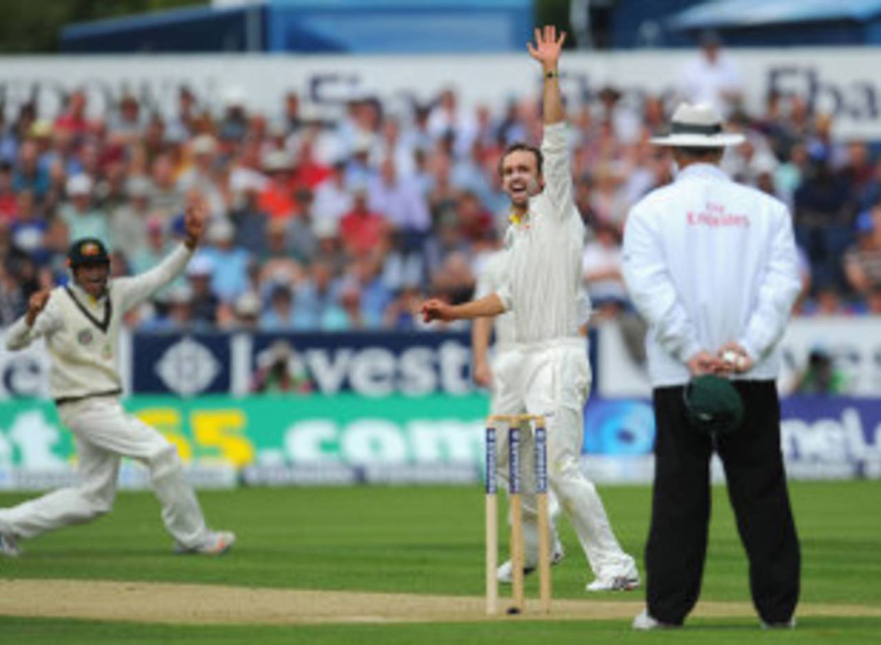 Nathan Lyon had Jonathan Trott caught at short leg, England v Australia, 4th Investec Test, Chester-le-Street, 1st day, August 9, 2013