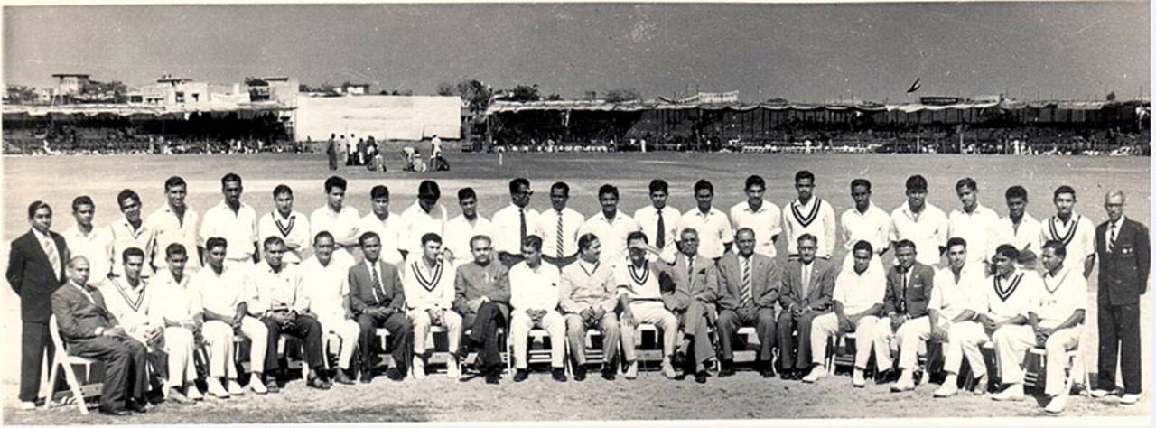 The Indian and Ceylon teams pose together for a picture before the third unofficial Test in Ahmedabad, January 1965