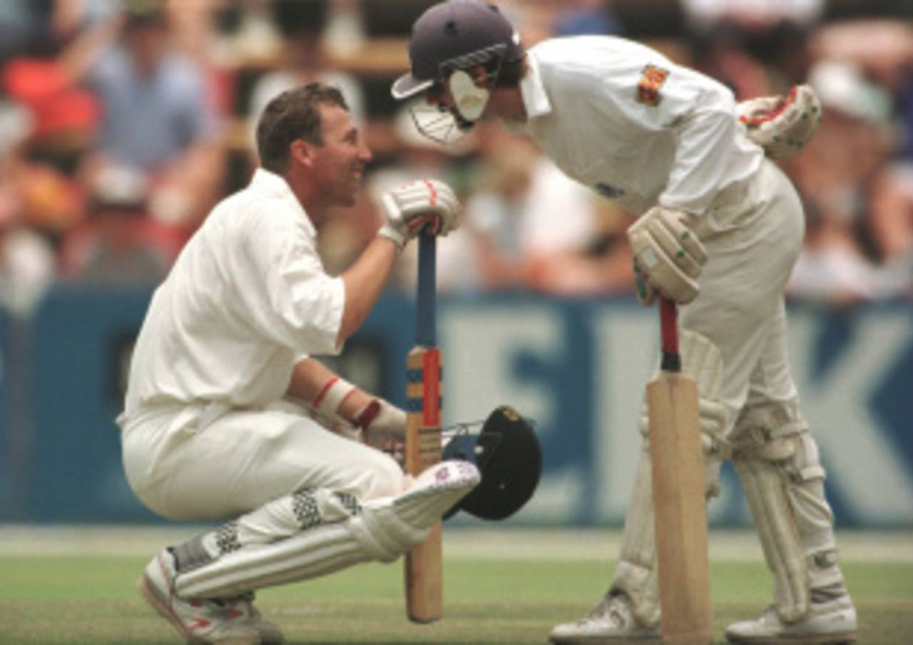 Jack Russell checks on Mike Atherton who was hit by the ball South Africa v England, 2nd Test, Johannesburg, 5th day, December 4, 1995