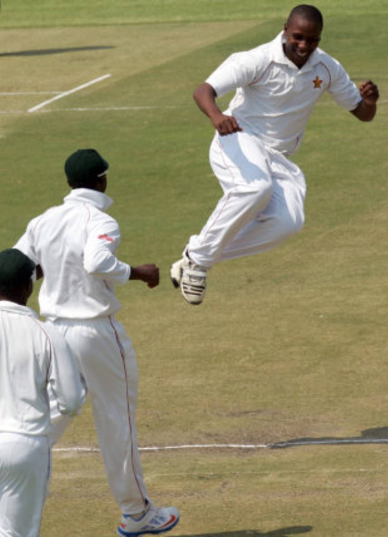Tinashe Panyangara leaps in the air after removing Khurram Manzoor for 11, Zimbabwe v Pakistan, 1st Test, Harare, 1st day, September 3, 2013