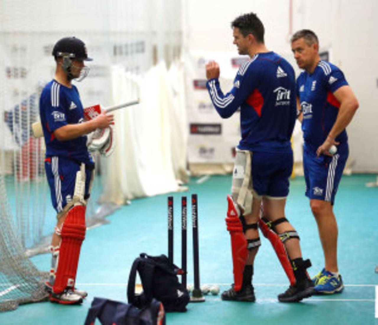 Kevin Pietersen and Eoin Morgan discuss their batting with Ashley Giles, Cardiff, September, 13, 2013