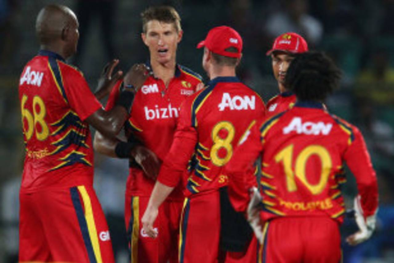 Lions celebrate the wicket of Rahul Dravid, Lions v Rajasthan Royals, Group A, Champions League 2013, Jaipur, Sep 25, 2013