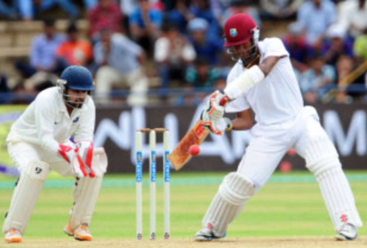 Kraigg Brathwaite looks to cut through the off side, India A v West Indies A, 1st unofficial Test, 1st day, Mysore, September 25, 2013