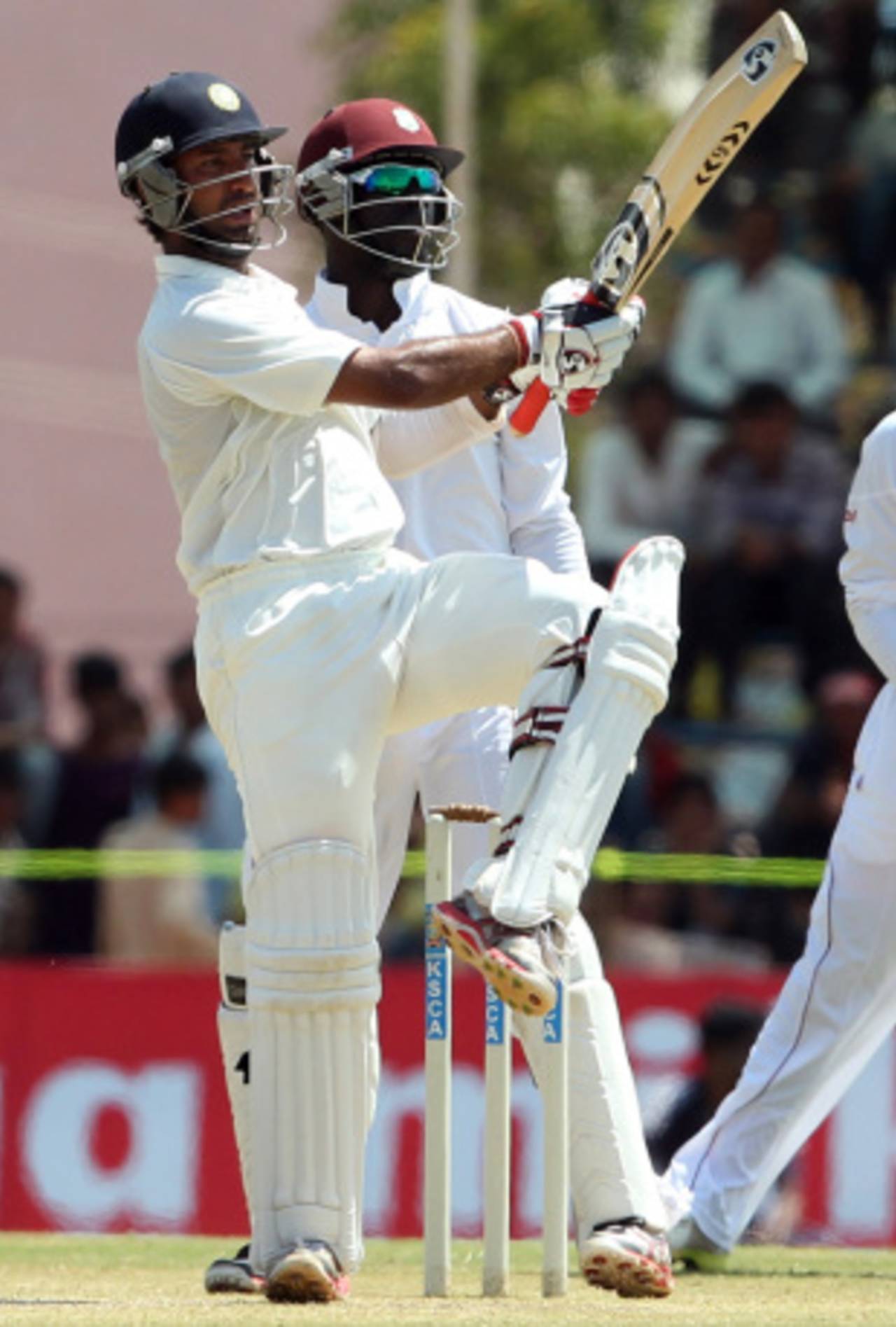 Cheteshwar Pujara pulls on his way to a triple-hundred, India A v West Indies A, 3rd unofficial Test, Hubli, 3rd day, October 11, 2013 