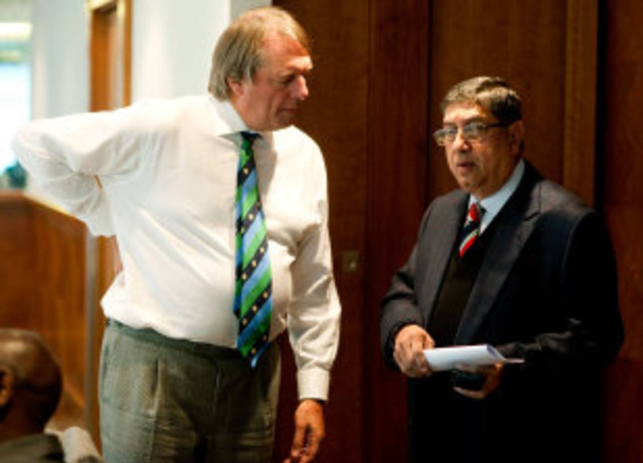 Giles Clarke, seen here with N Srnivasan, may concentrate more on international affairs&nbsp;&nbsp;&bull;&nbsp;&nbsp;Getty Images