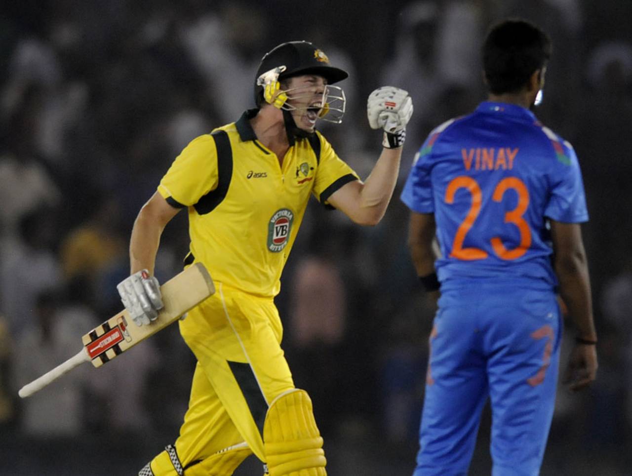 James Faulkner celebrates Australia's win, India v Australia, 3rd ODI, Mohali, October 19, 2013