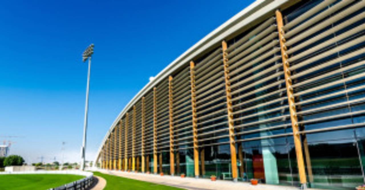 A view of the cricket academy building at Dubai Sports City, Dubai, UAE