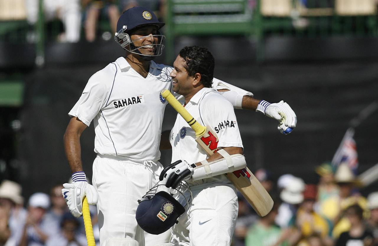 VVS Laxman congratulates Sachin Tendulkar on his hundred, Australia v India, 4th Test, Adelaide, 1st day, January 24, 2008