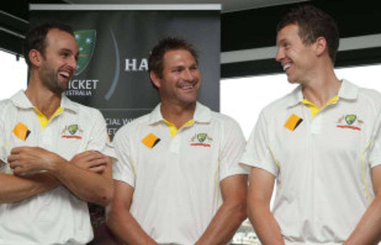 Nathan Lyon, Ryan Harris and Peter Siddle share a joke, Sydney, November 11, 2013