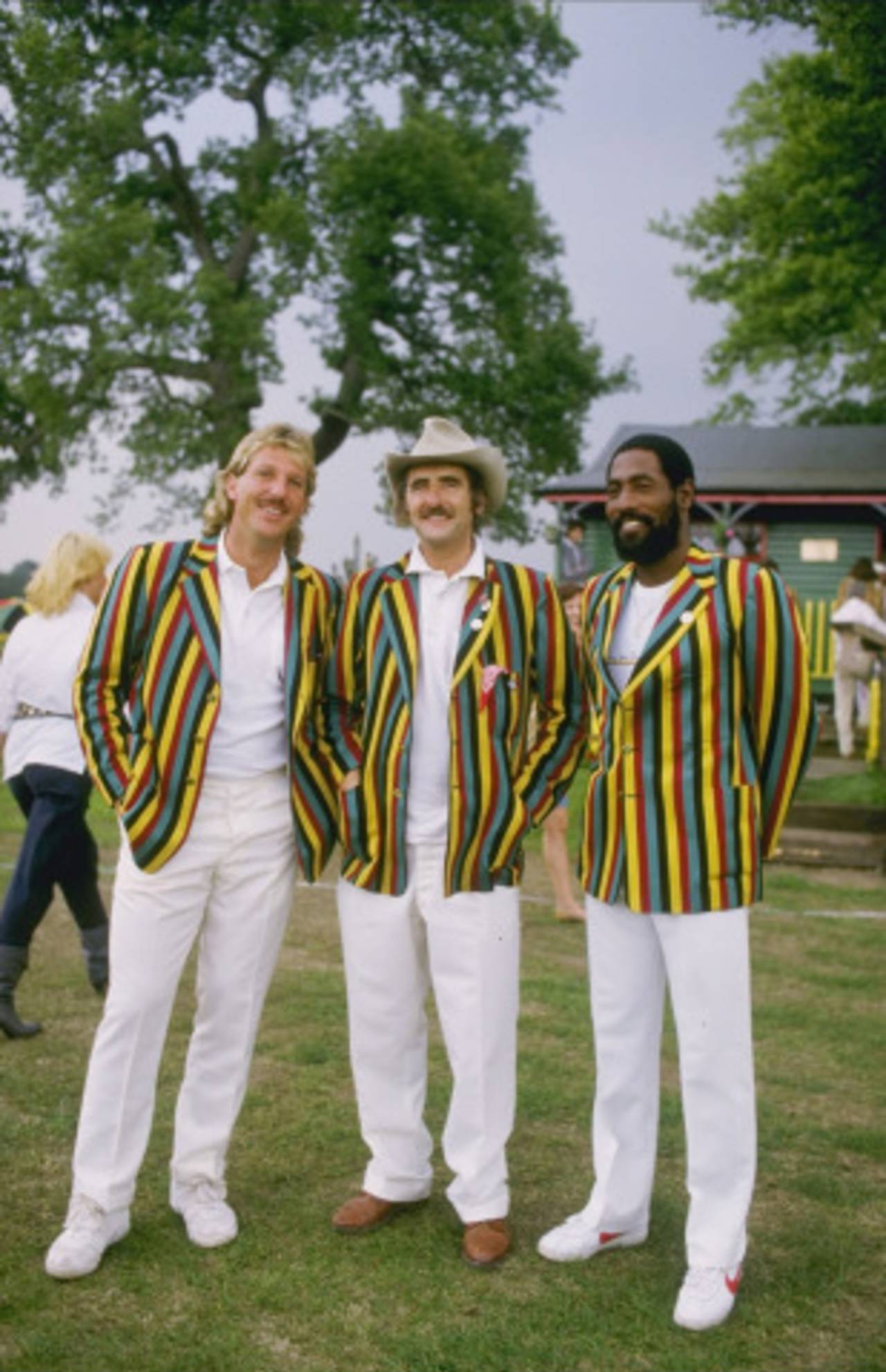 Two future knights, one wannabe Lord: Ian Botham, Tim Hudson and Viv Richards show off the garish blazers, marketed as Hudson's Hardware, that were briefly all the rage in 1985&nbsp;&nbsp;&bull;&nbsp;&nbsp;Getty Images