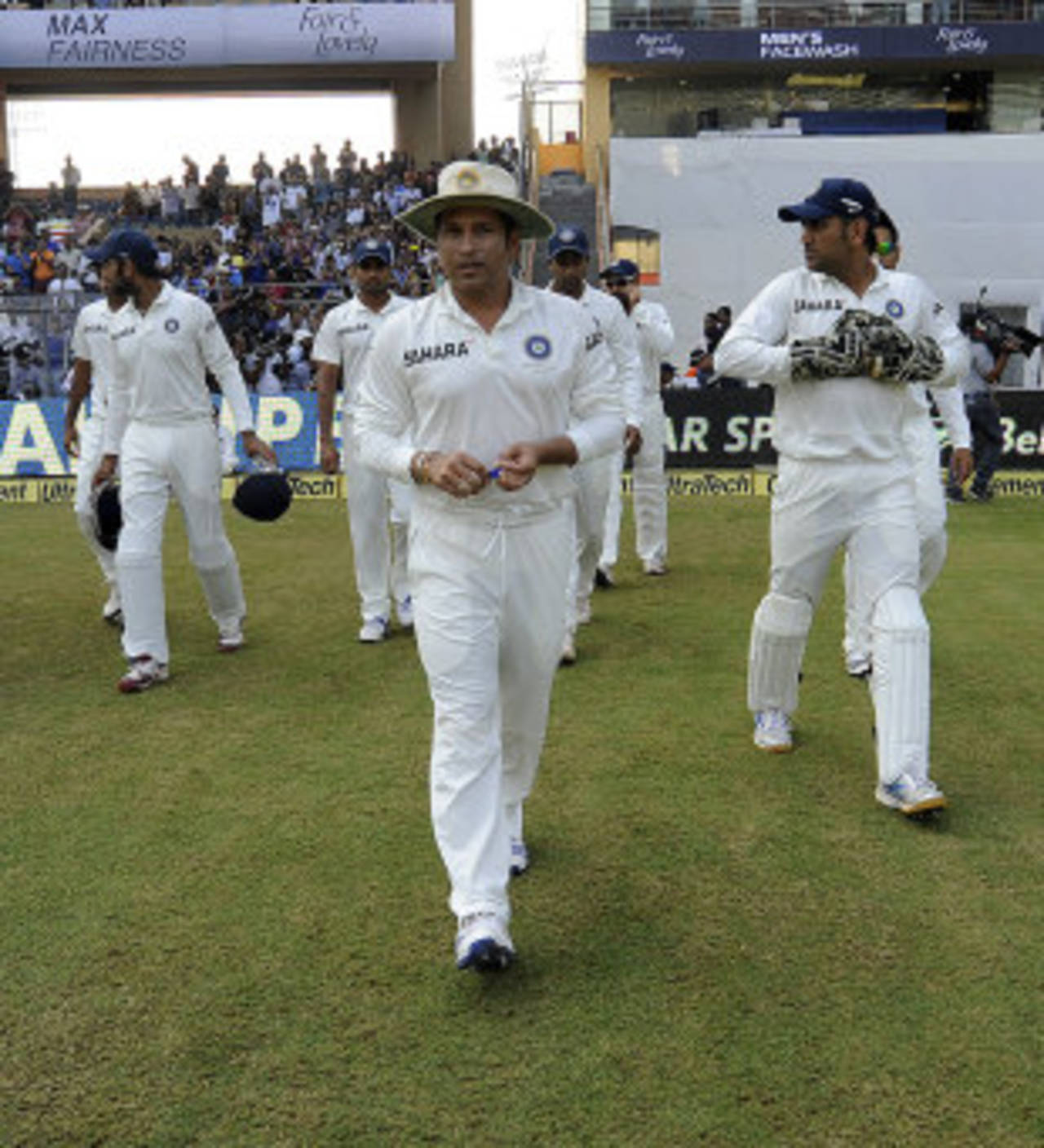 Sachin Tendulkar walked the team out to the middle, possibly for the last time, India v West Indies, 2nd Test, Mumbai, 3rd day, November 16, 2013
