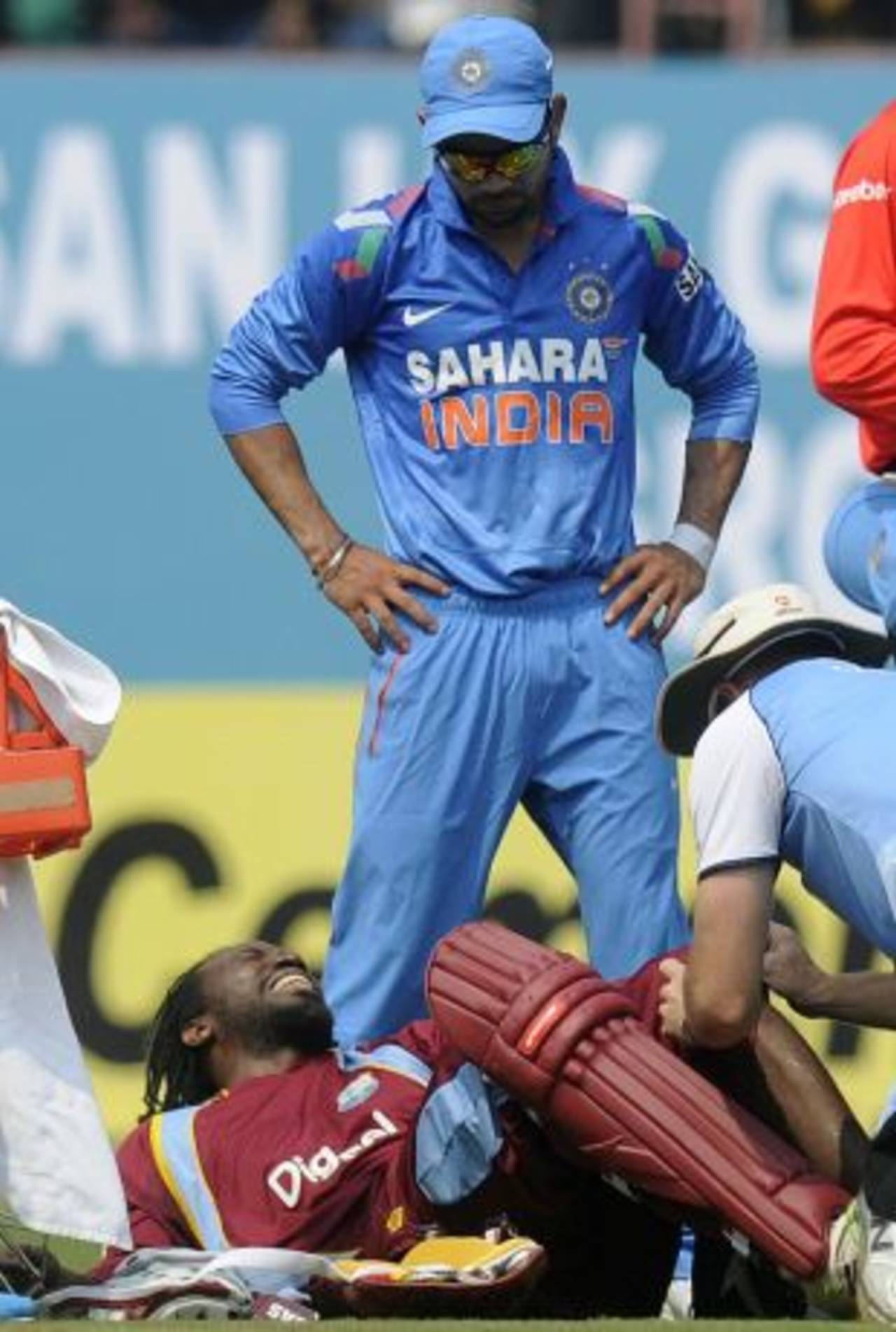 Chris Gayle was in pain after his run out, India v West Indies, 1st ODI, Kochi, November 21, 2013