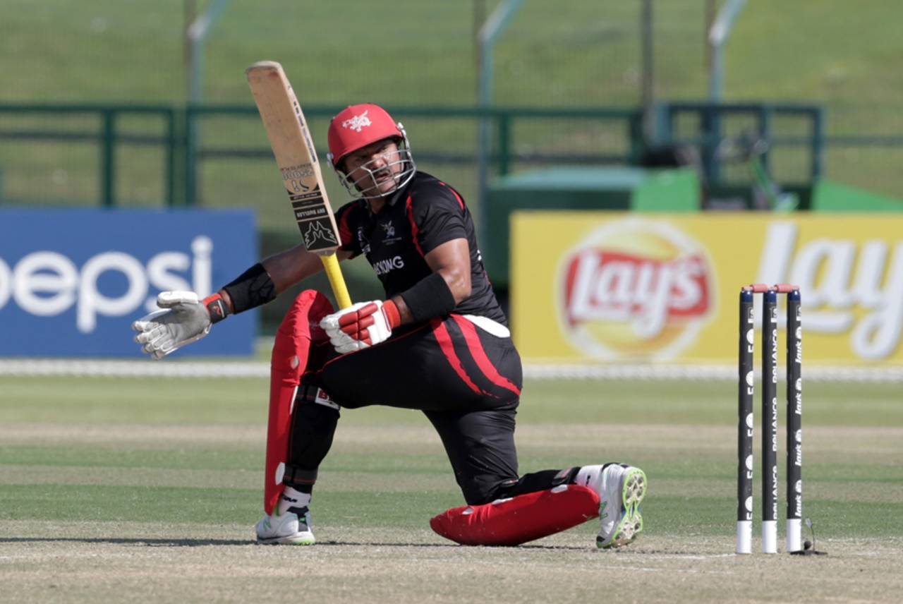 Moner Ahmed of Hong Kong batting during the Hong Kong v Nepal Quarter Final match 60 at the ICC World Twenty20 Qualifiers at the Zayed Cricket Stadium on November 27, 2013 in Abu Dhabi, United Arab Emirates. (Photo by Graham Crouch-IDI/IDI via Getty Images)
