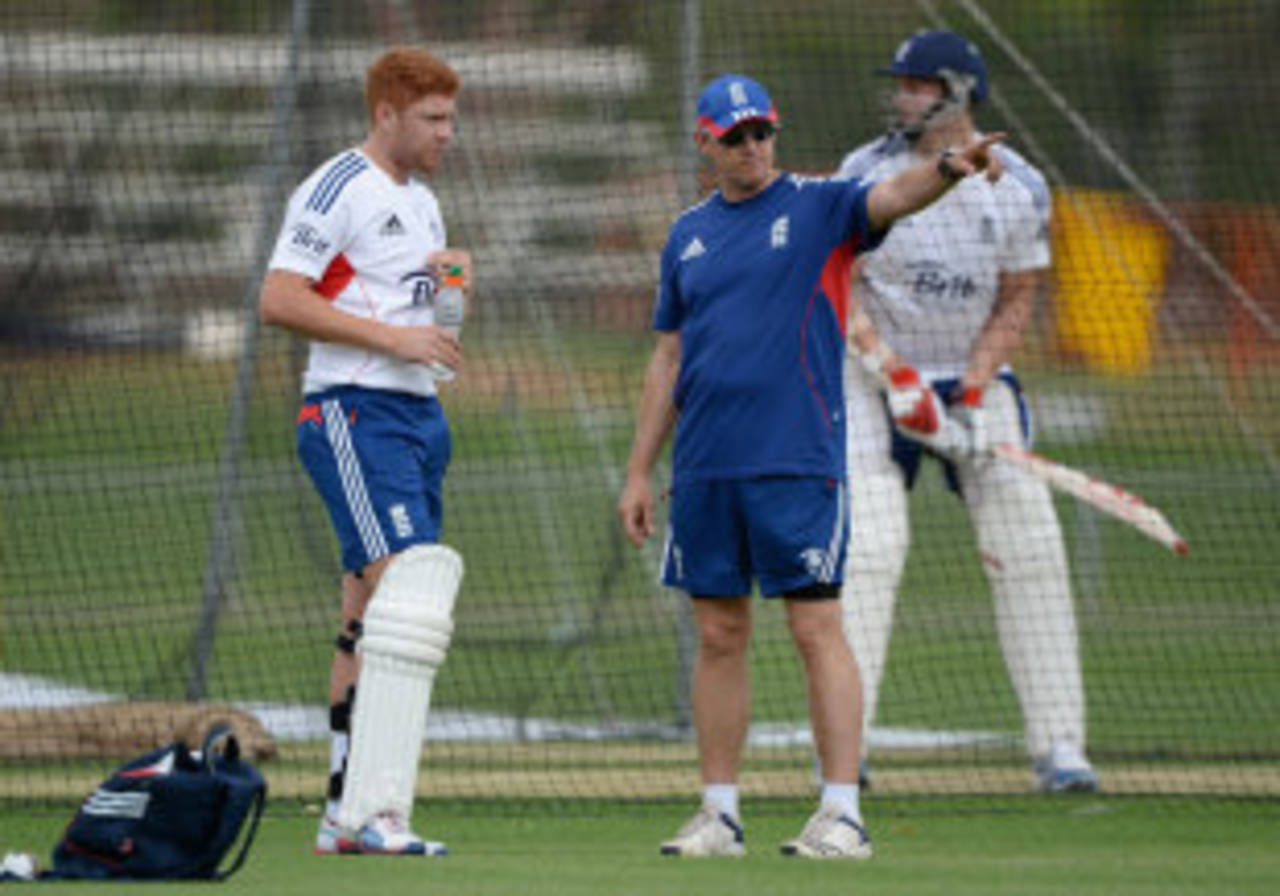 Jonny Bairstow takes instruction from Andy Flower, Alice Springs, November 28, 2013