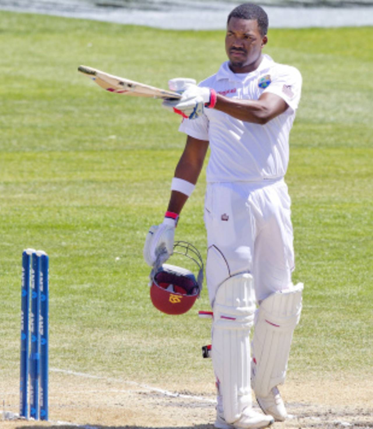 Darren Bravo raises his bat after reaching his fifth Test century, New Zealand v West Indies, 1st Test, Dunedin, 4th day, December 6, 2013