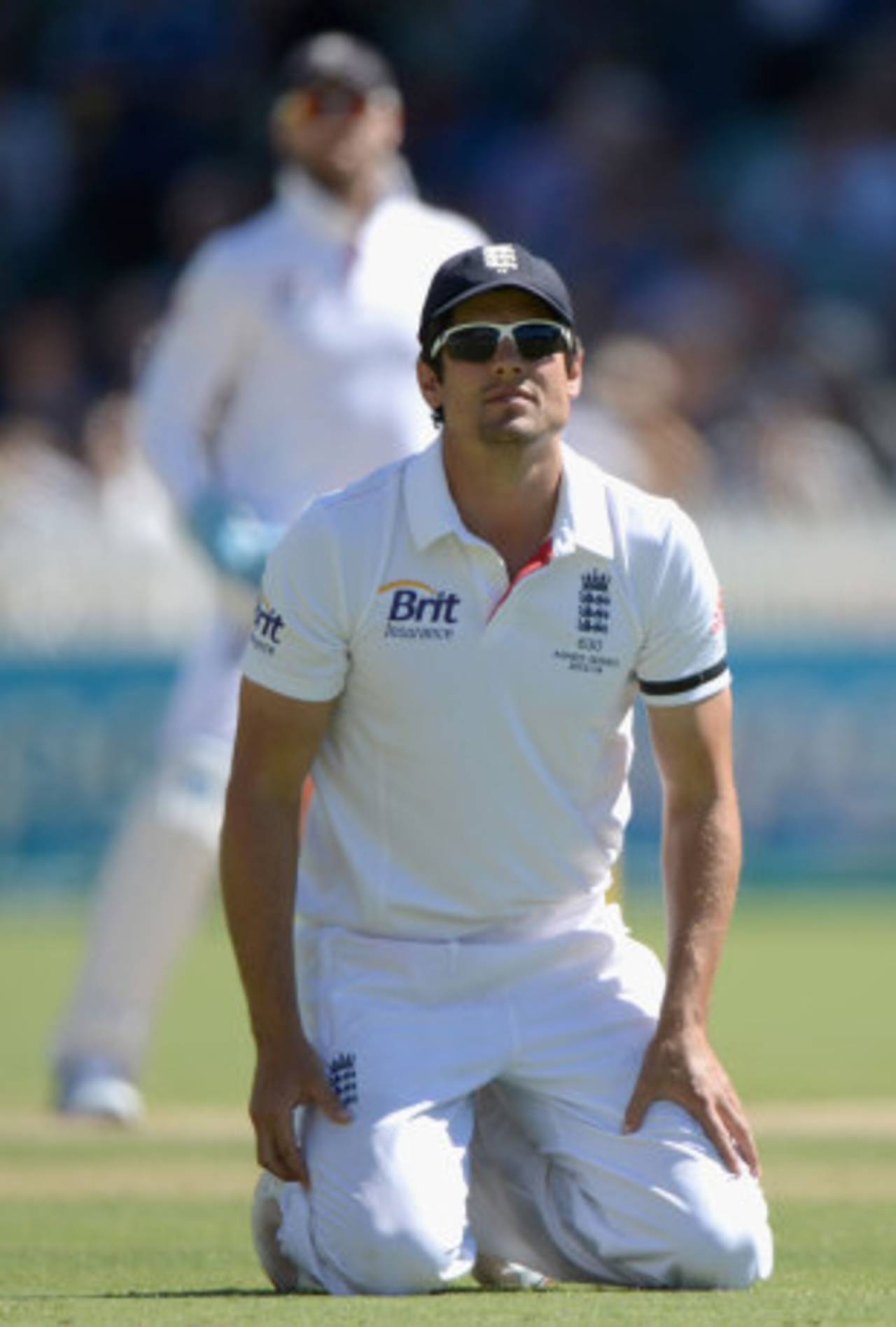 Alastair Cook on his knees in the field, Australia v England, 2nd Test, Adelaide, 2nd day, December 6, 2013