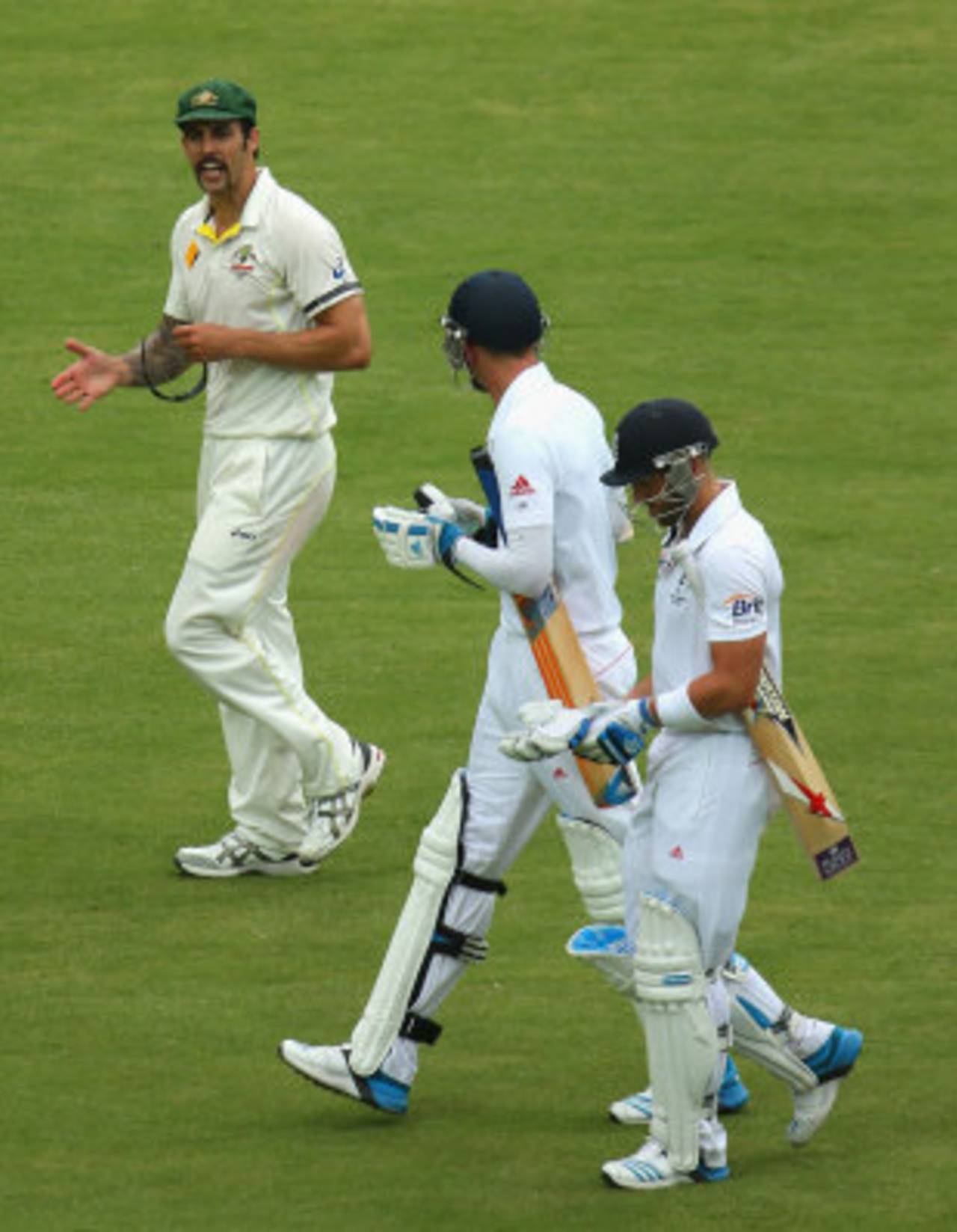 Mitchell Johnson and Stuart Broad have a heated discussion at the end of the fourth day of the Test&nbsp;&nbsp;&bull;&nbsp;&nbsp;Getty Images