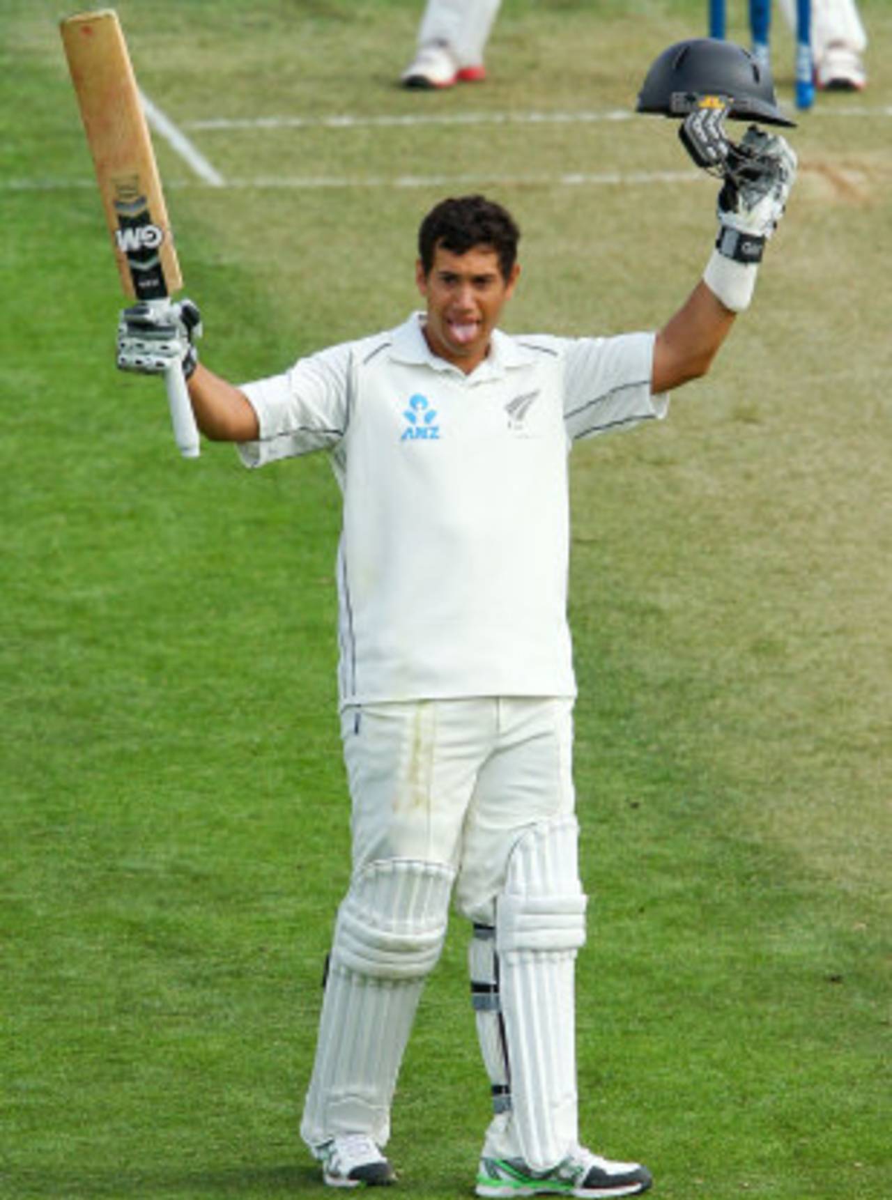 Ross Taylor raises the bat after scoring his second consecutive Test ton, New Zealand v West Indies, 2nd Test, Wellington, 1st day, December 11, 2013