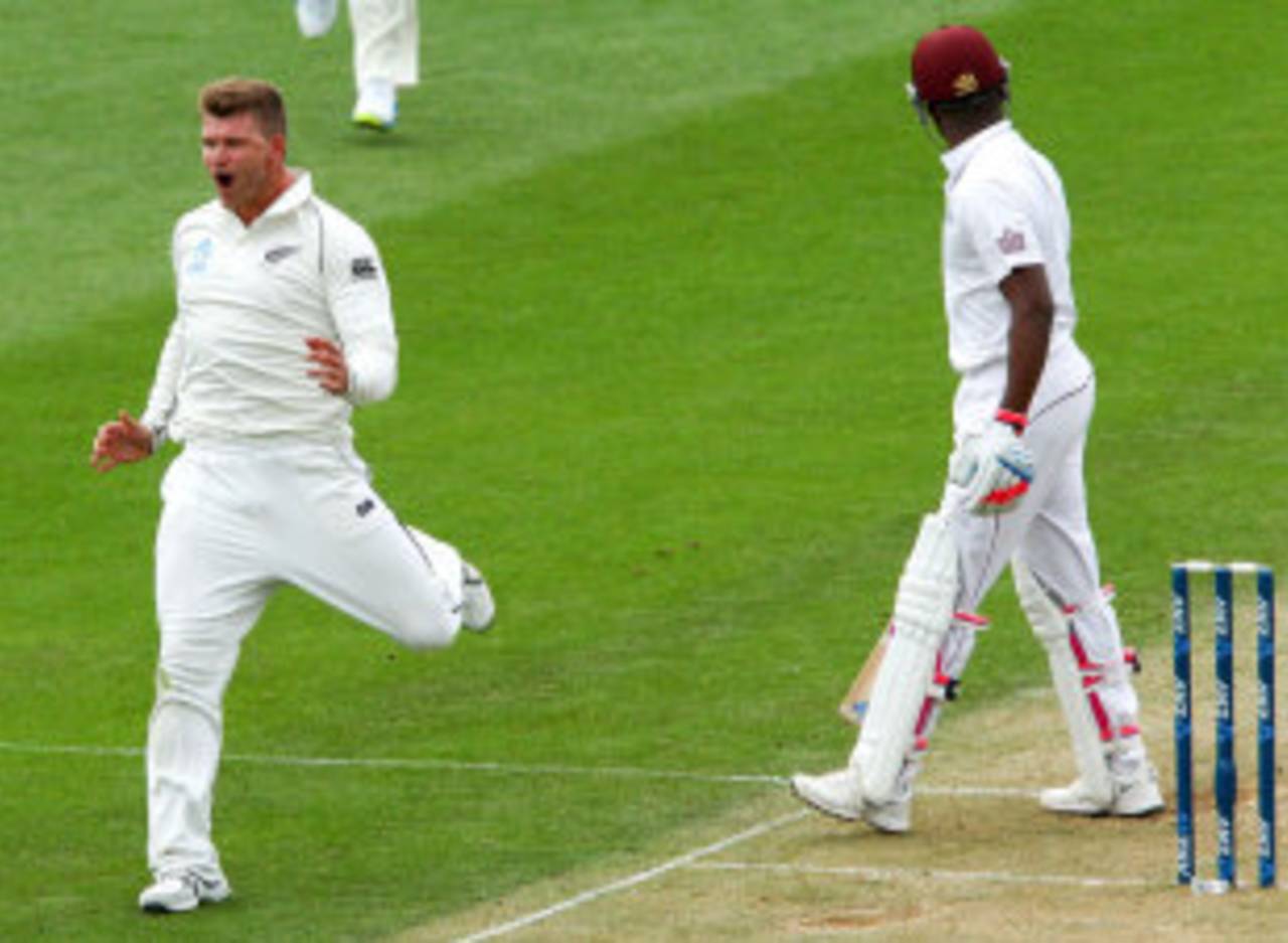 Corey Anderson exults after dismissing Darren Bravo in his first over, New Zealand v West Indies, 2nd Test, Wellington, 2nd day, December 12, 2013