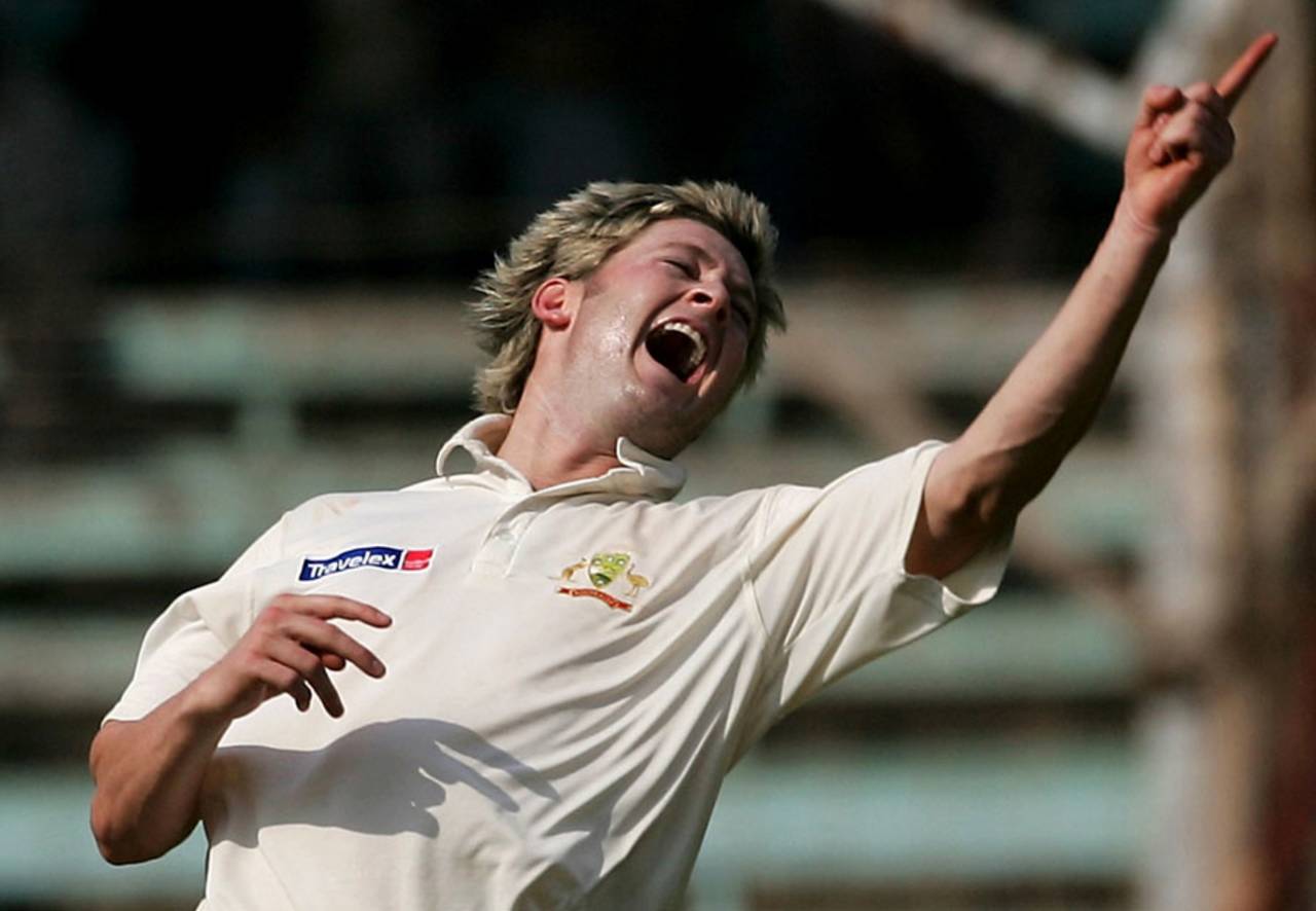 Michael Clarke exults after taking another Indian wicket in his 6 for 9 in Mumbai&nbsp;&nbsp;&bull;&nbsp;&nbsp;Getty Images