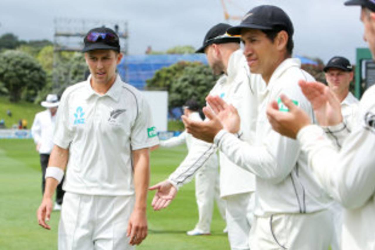 Trent Boult soaks in the applause after claiming his career-best figures, New Zealand v West Indies, 2nd Test, Wellington, 3rd day, December 13, 2013